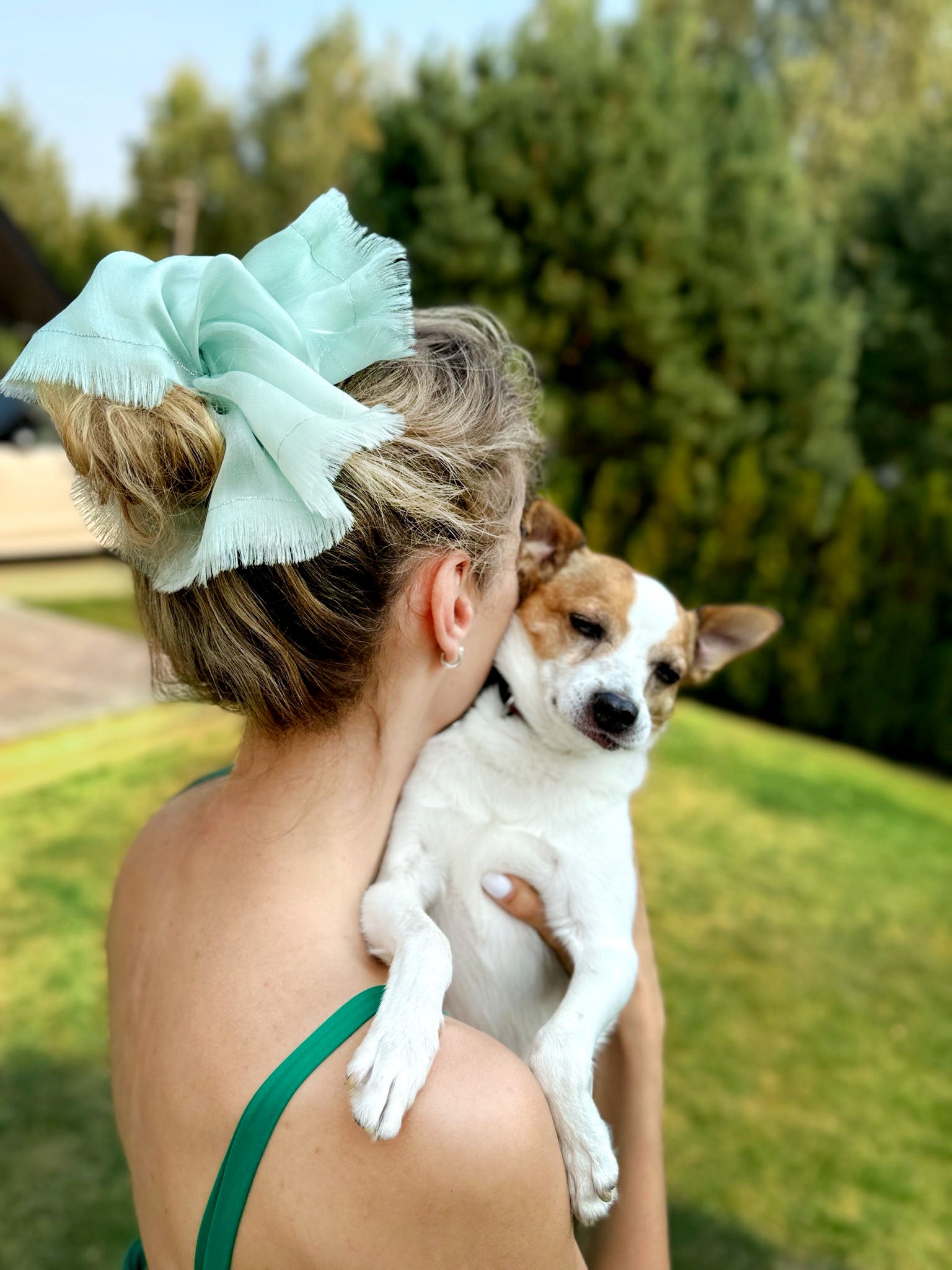 Handmade mint 100% silk organza scrunchie with silver thread