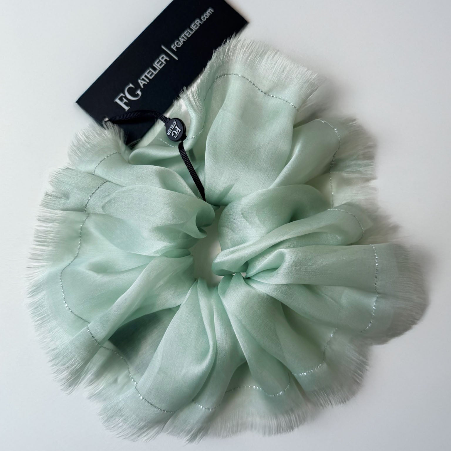 Handmade mint 100% silk organza scrunchie with silver thread