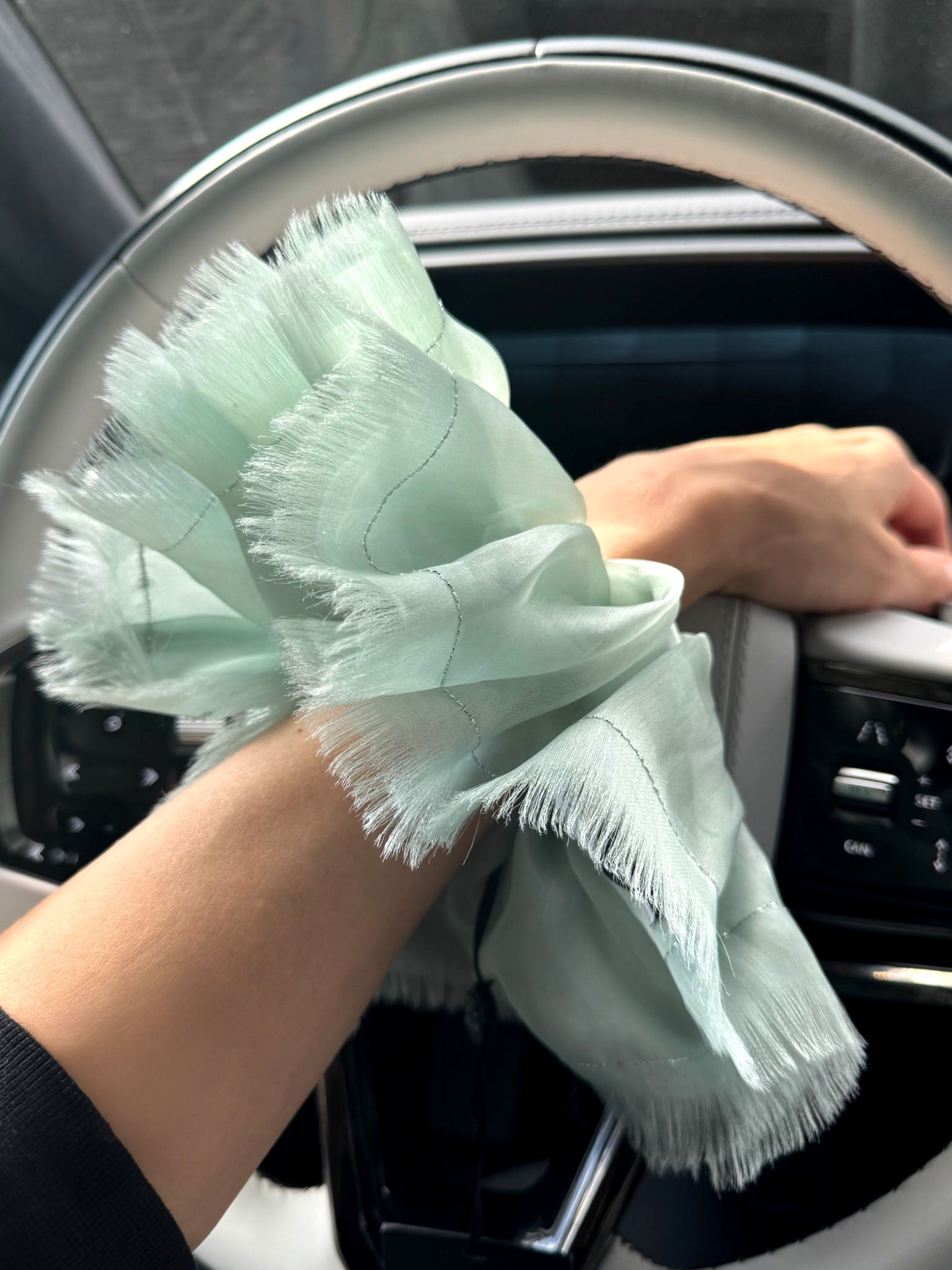 Handmade mint 100% silk organza scrunchie with silver thread