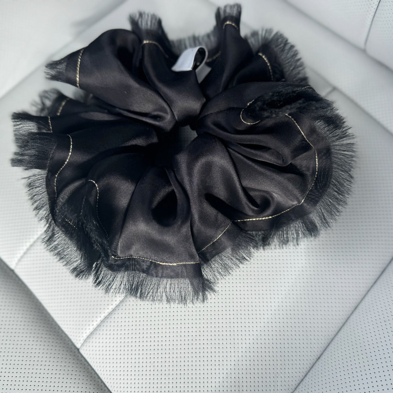Handmade Black 100% Silk Organza Scrunchie with Gold Thread – Elegant Statement Hair Accessory, Perfect Gift for Her