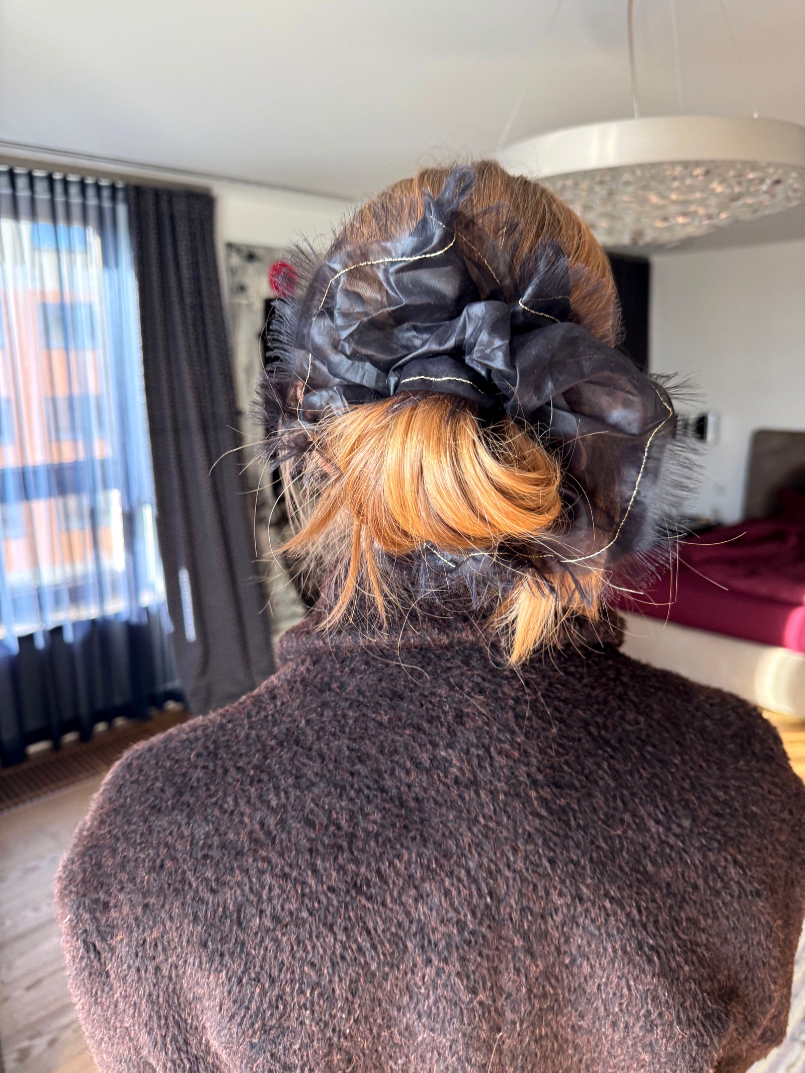 Oversized Black Glossy Silk-Blend Scrunchie with Gold Thread – Handmade Statement Hair Accessory