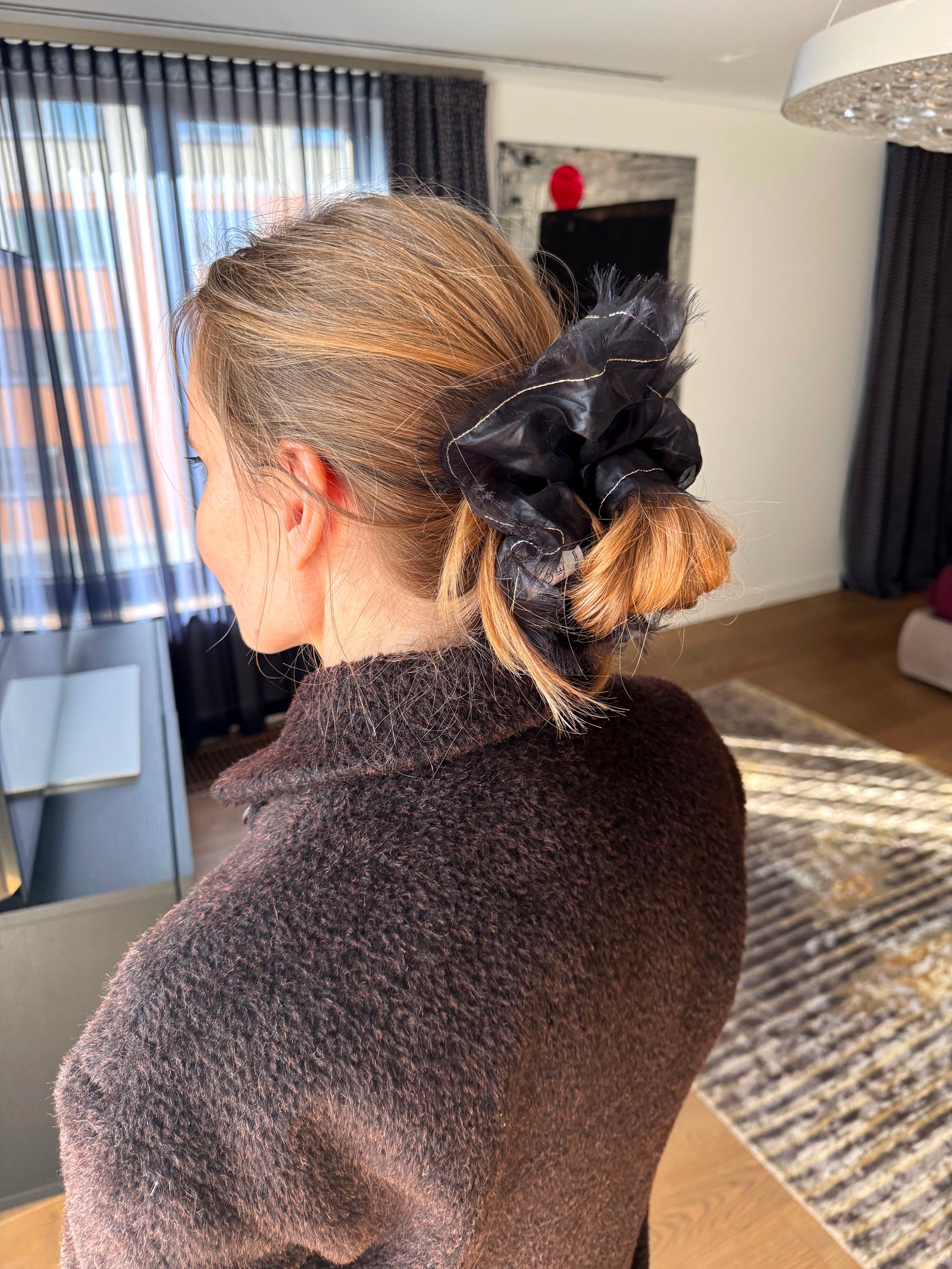 Oversized Black Glossy Silk-Blend Scrunchie with Gold Thread – Handmade Statement Hair Accessory