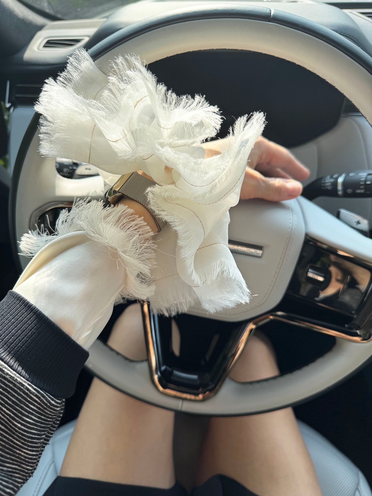 Handmade White 100% Silk Organza Scrunchie with Gold Thread – Elegant Statement Hair Accessory, Perfect Gift for Her