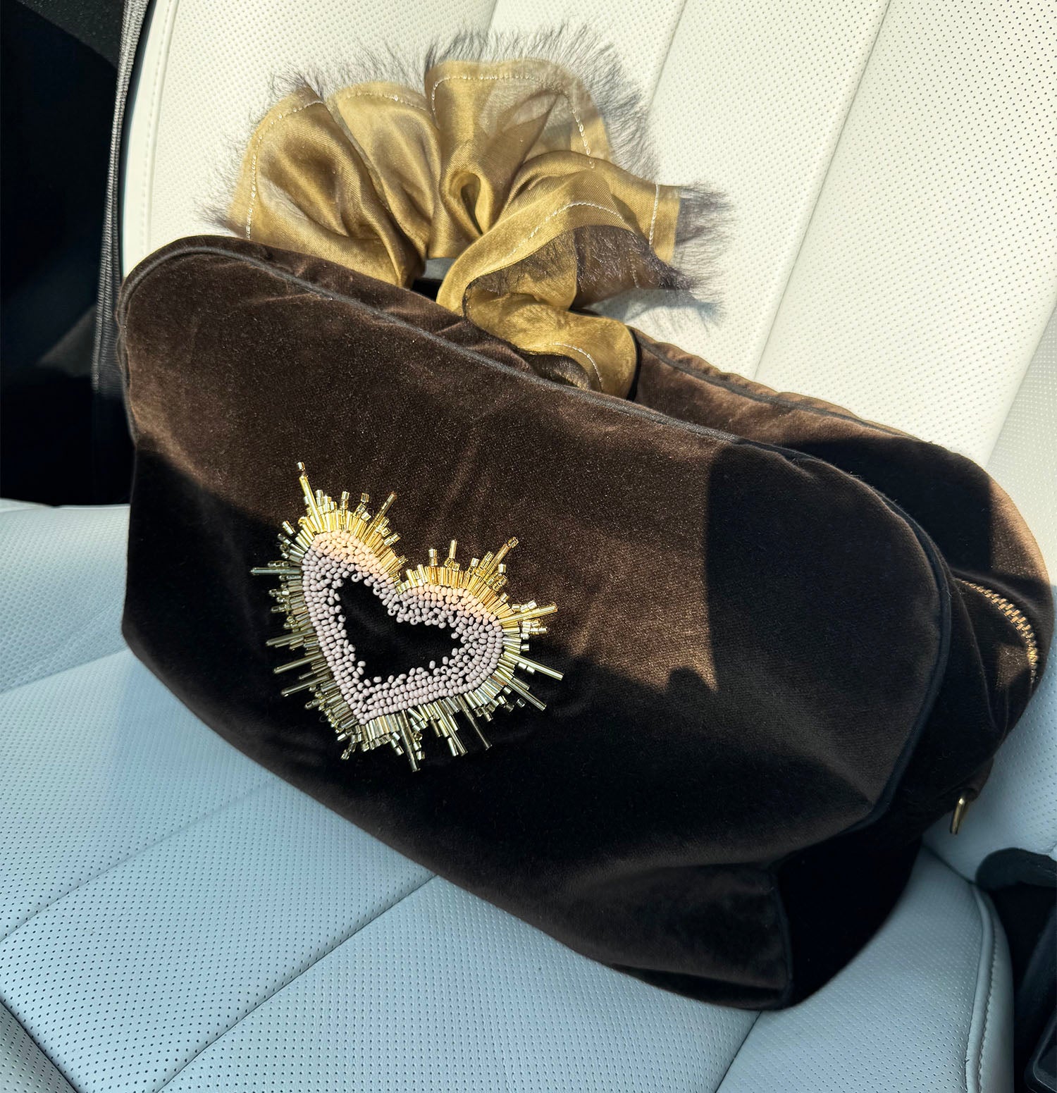 Handmade Champagne Beige 100% Silk Organza Scrunchie with Gold Thread – Elegant Statement Hair Accessory