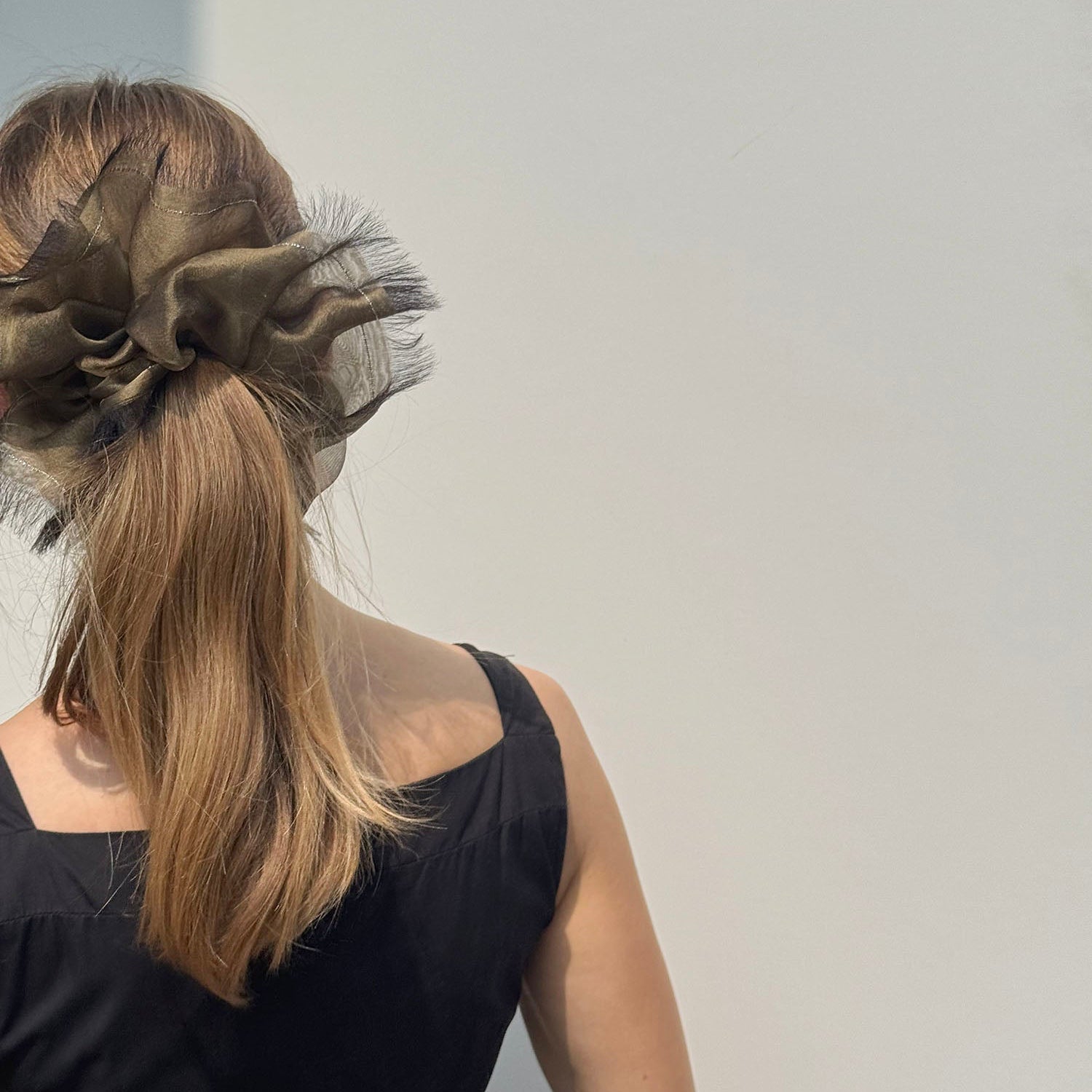 Handmade Champagne Beige 100% Silk Organza Scrunchie with Gold Thread – Elegant Statement Hair Accessory