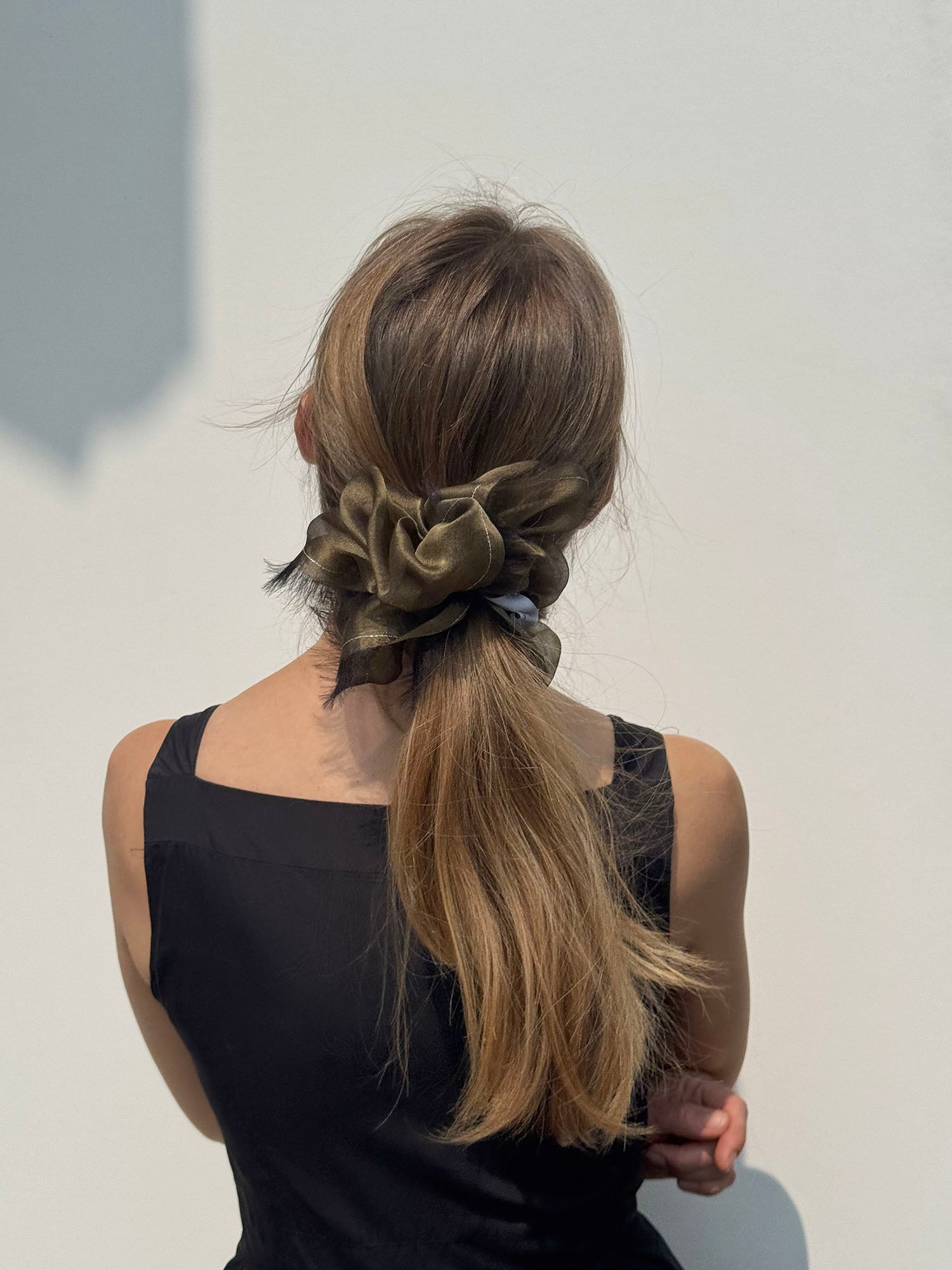 Handmade Champagne Beige 100% Silk Organza Scrunchie with Gold Thread – Elegant Statement Hair Accessory