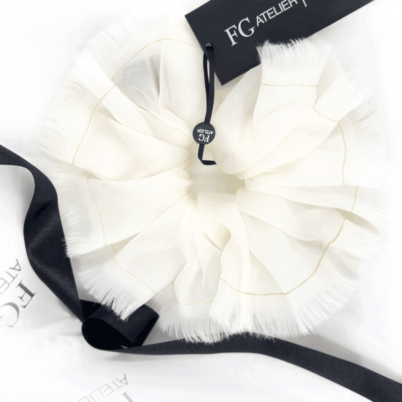 Handmade White 100% Silk Organza Scrunchie with Gold Thread – Elegant Statement Hair Accessory, Perfect Gift for Her