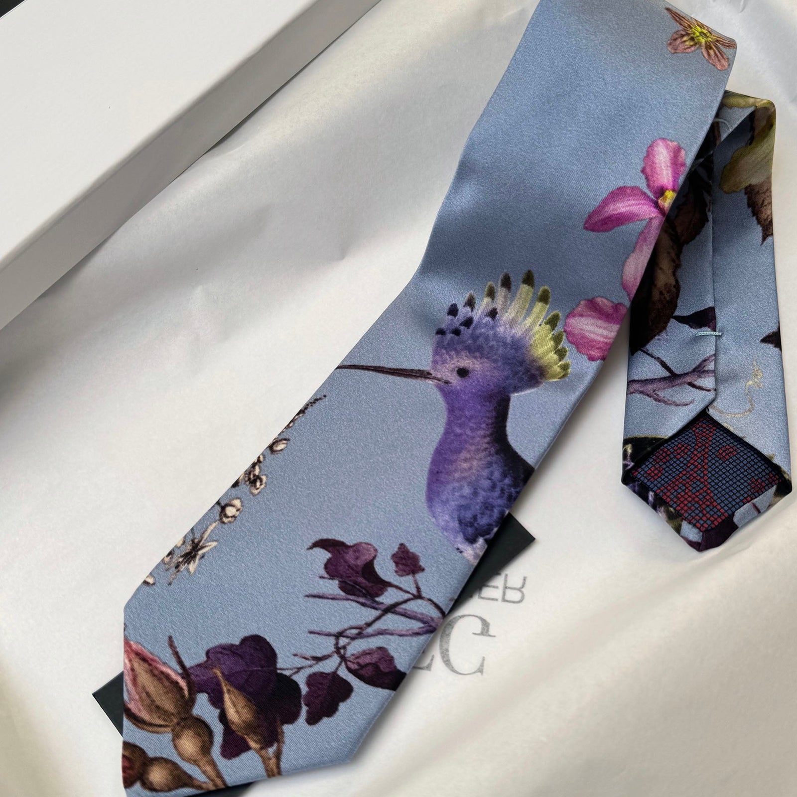 Handmade Mulberry Silk Tie – Elegant Bird & Floral Pattern