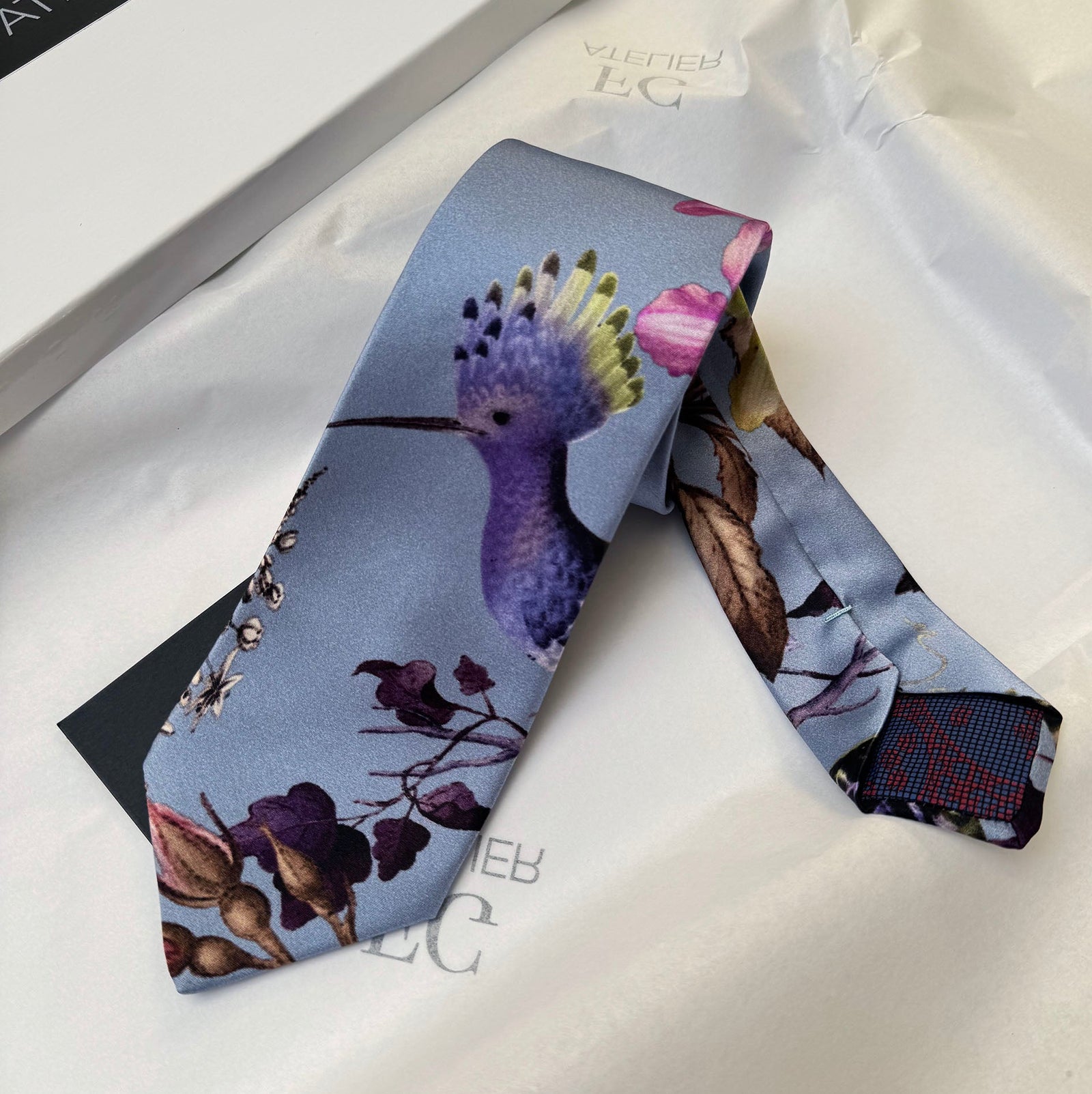 Handmade Mulberry Silk Tie – Elegant Bird & Floral Pattern