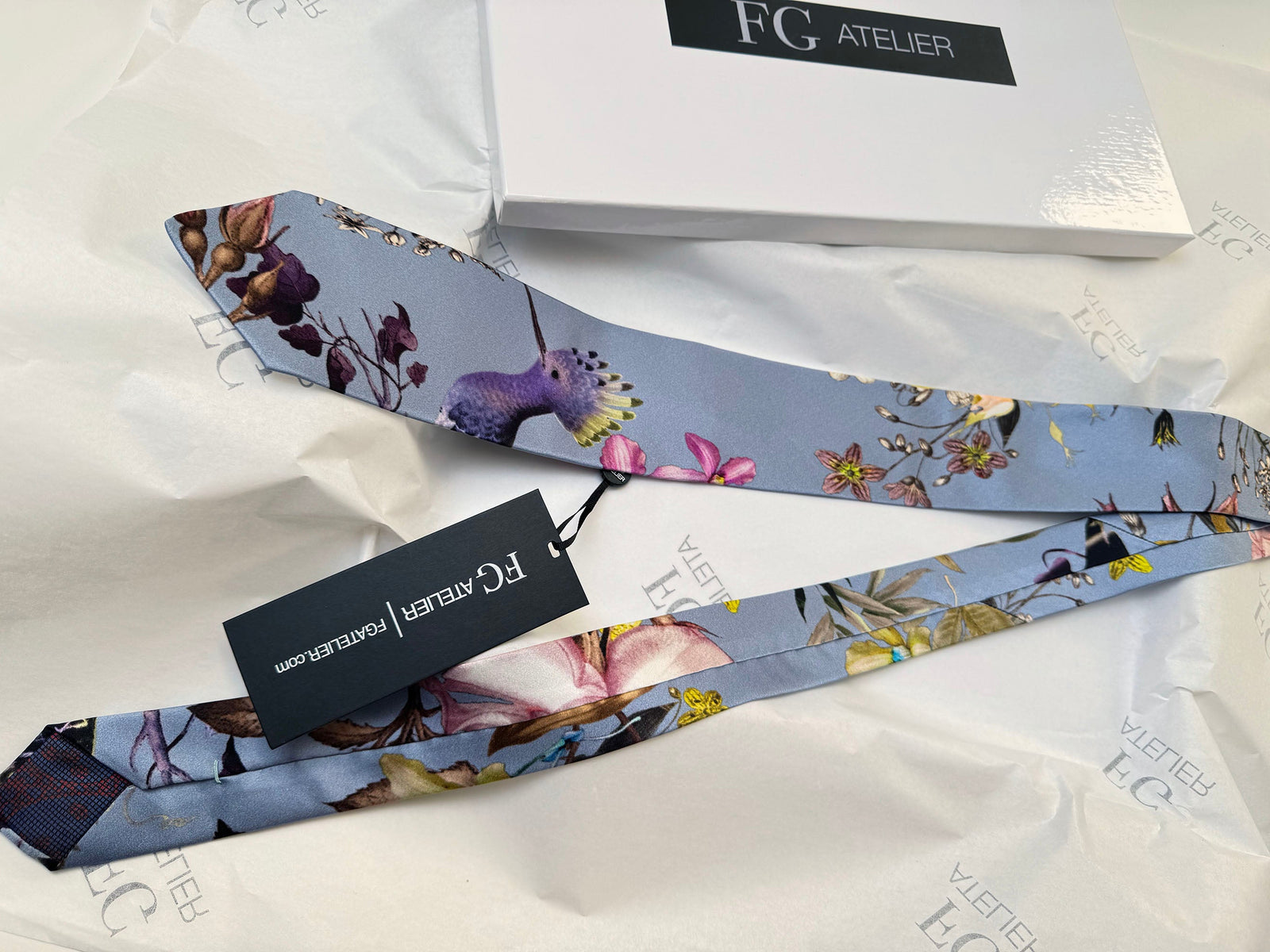 Handmade Mulberry Silk Tie – Elegant Bird & Floral Pattern