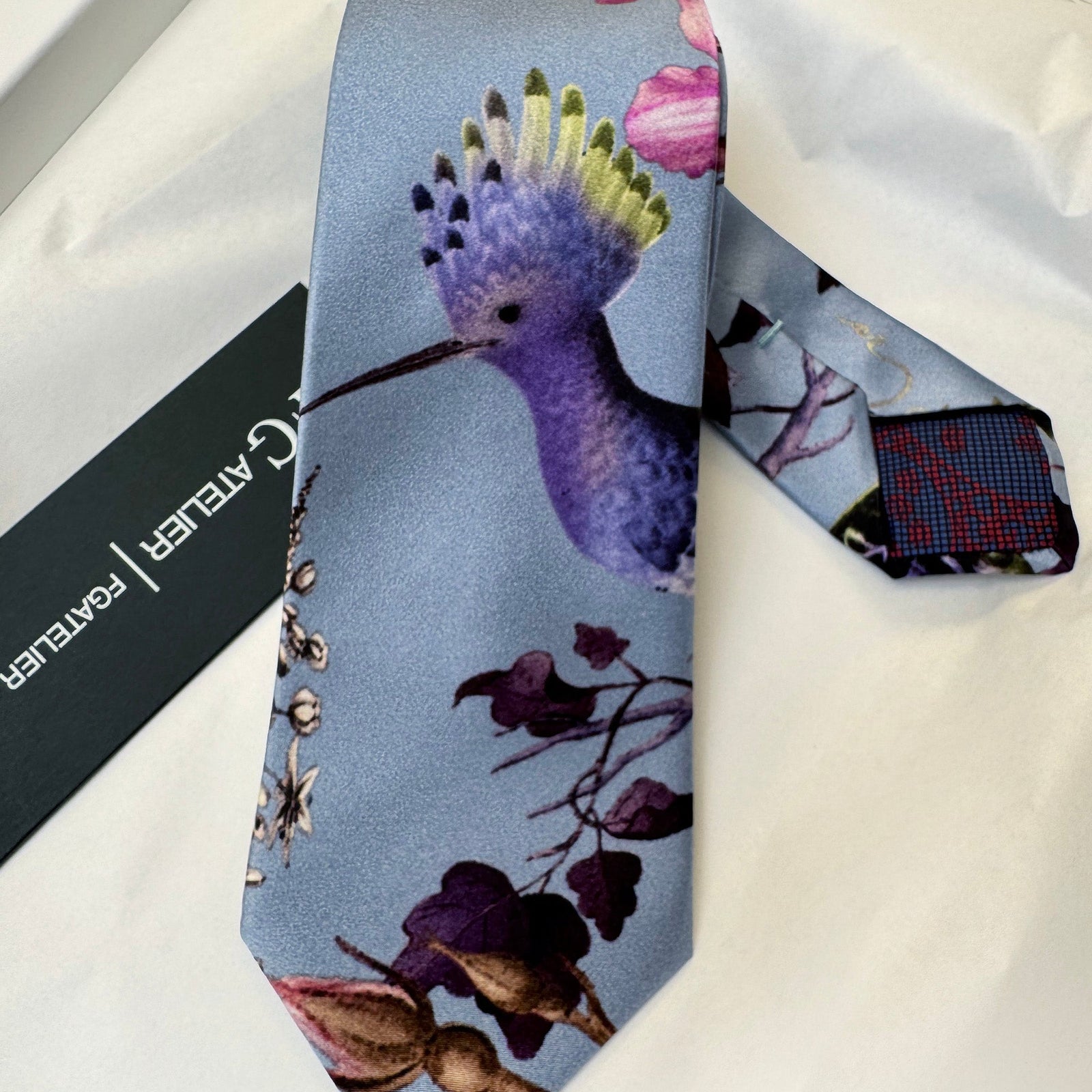 Handmade Mulberry Silk Tie – Elegant Bird & Floral Pattern