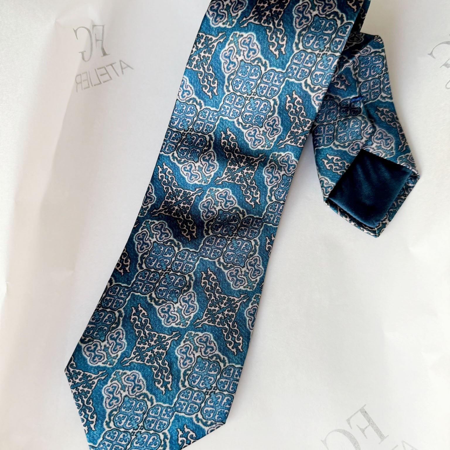 Handmade Mulberry Silk Tie - Elegant Blue Oriental Pattern