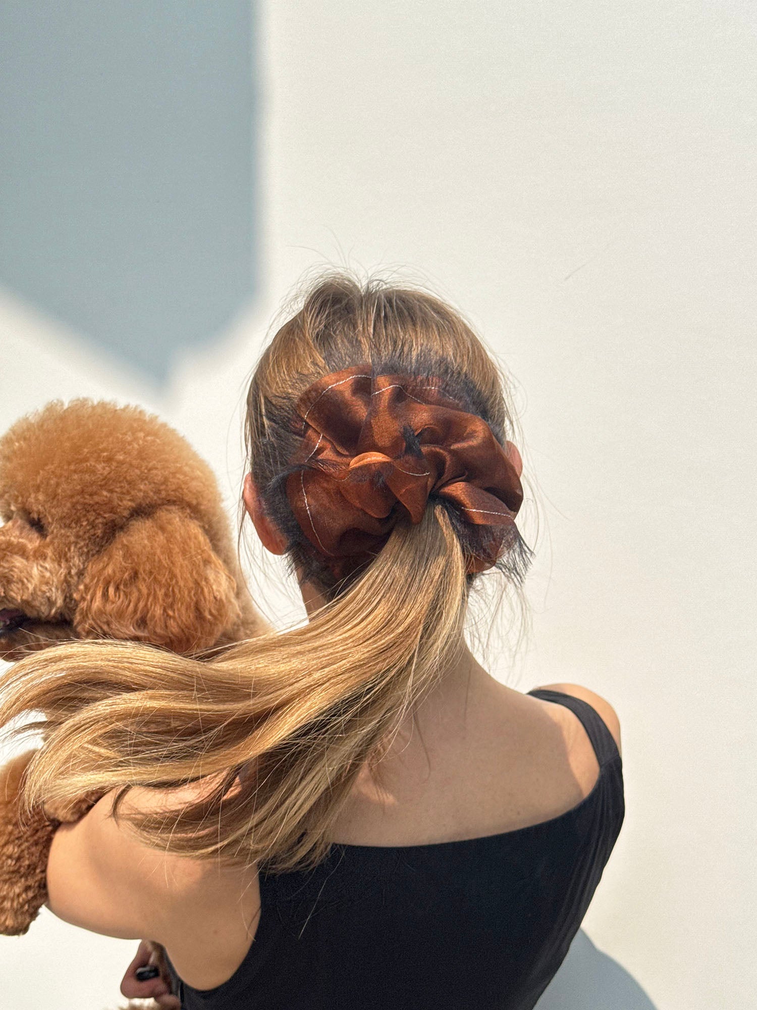 Handmade Rust Bronze 100% Silk Organza Scrunchie with Black Frayed Edge – Statement Hair Accessory