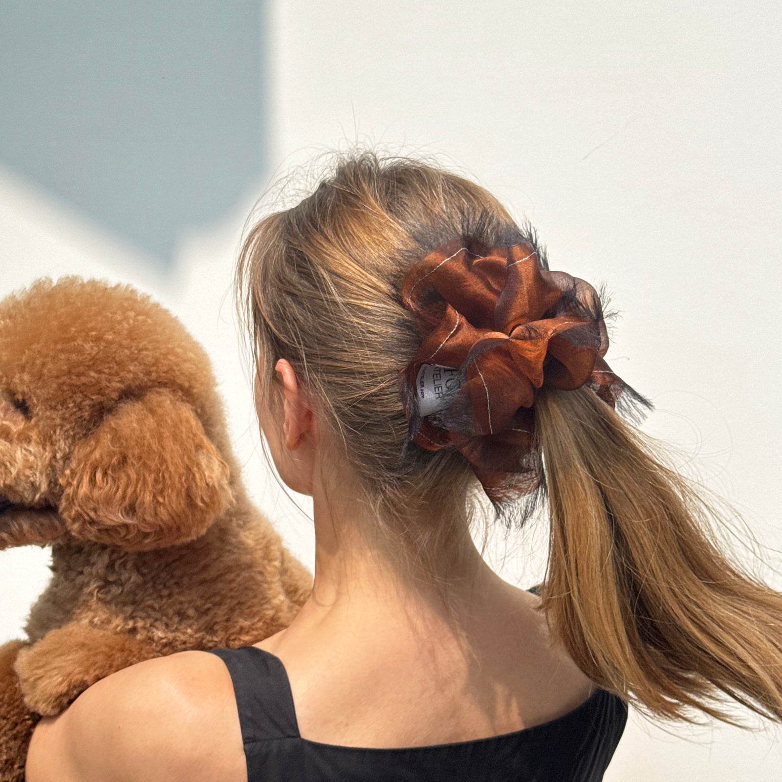 Handmade Rust Bronze 100% Silk Organza Scrunchie with Black Frayed Edge – Statement Hair Accessory