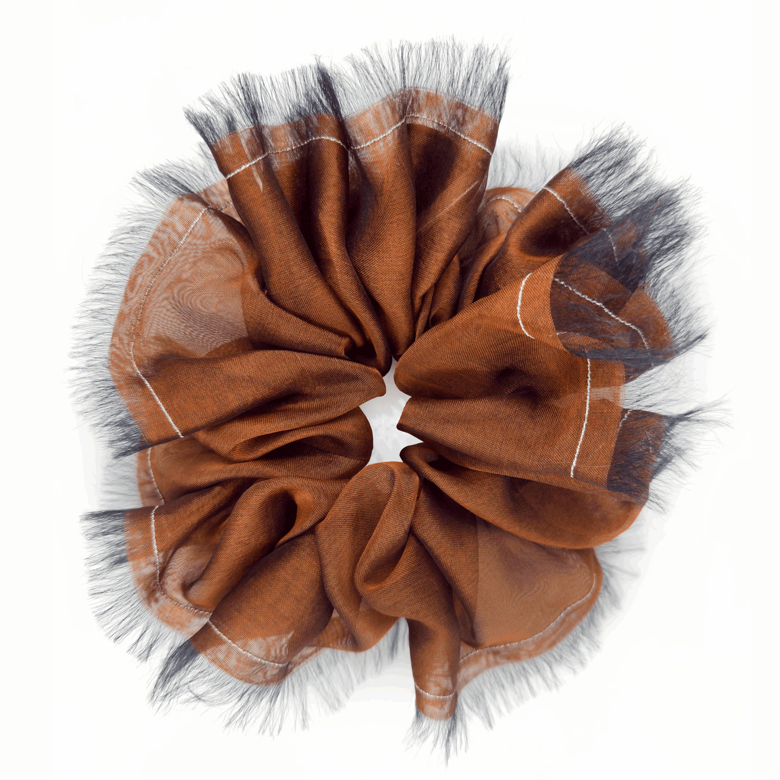 Handmade Rust Bronze 100% Silk Organza Scrunchie with Black Frayed Edge – Statement Hair Accessory