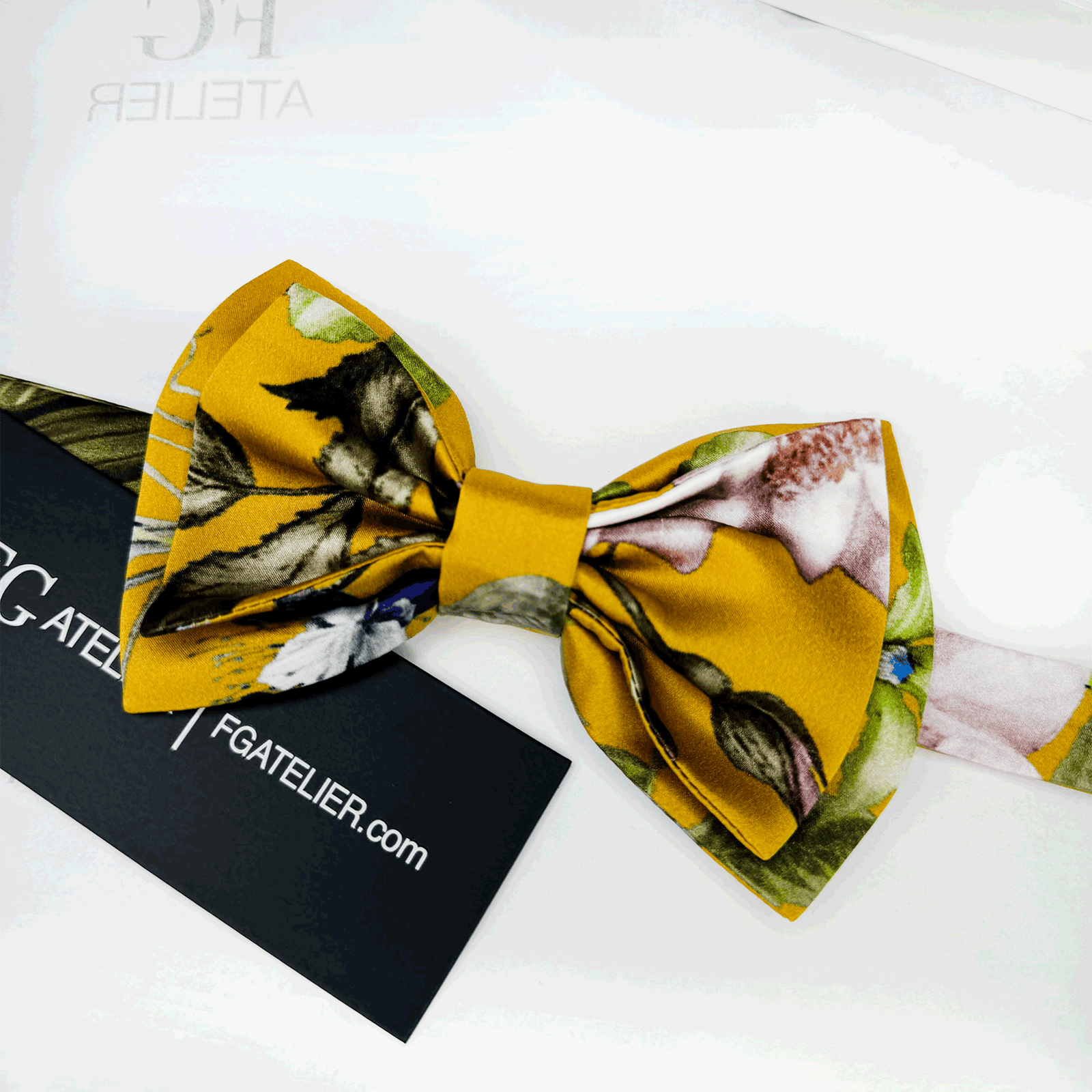 Handmade Mulberry Silk Bow Tie: Gold Floral Pre-tied