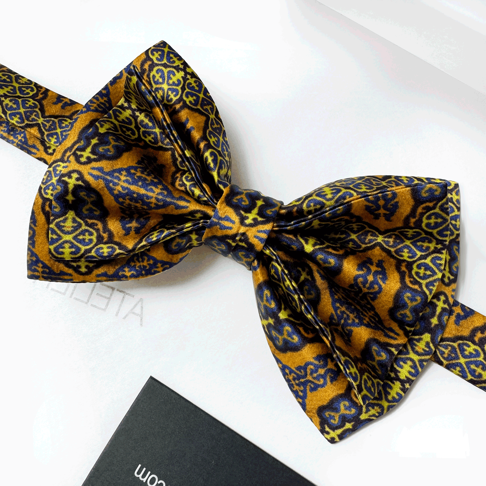 Handmade Italian Silk Bow Tie: Gold, Yellow Oriental Pattern