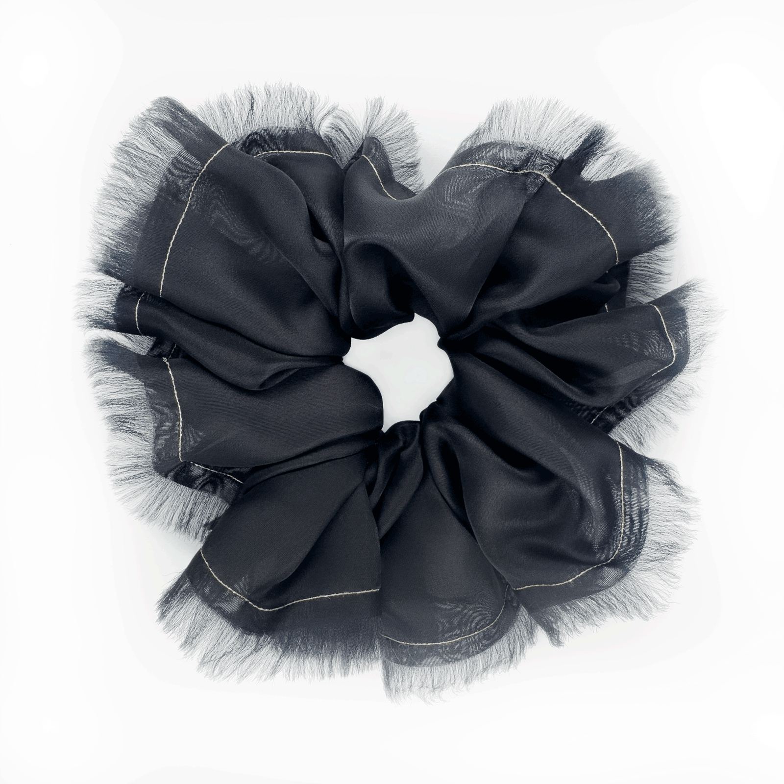 Handmade Black 100% Silk Organza Scrunchie with Gold Thread – Elegant Statement Hair Accessory, Perfect Gift for Her