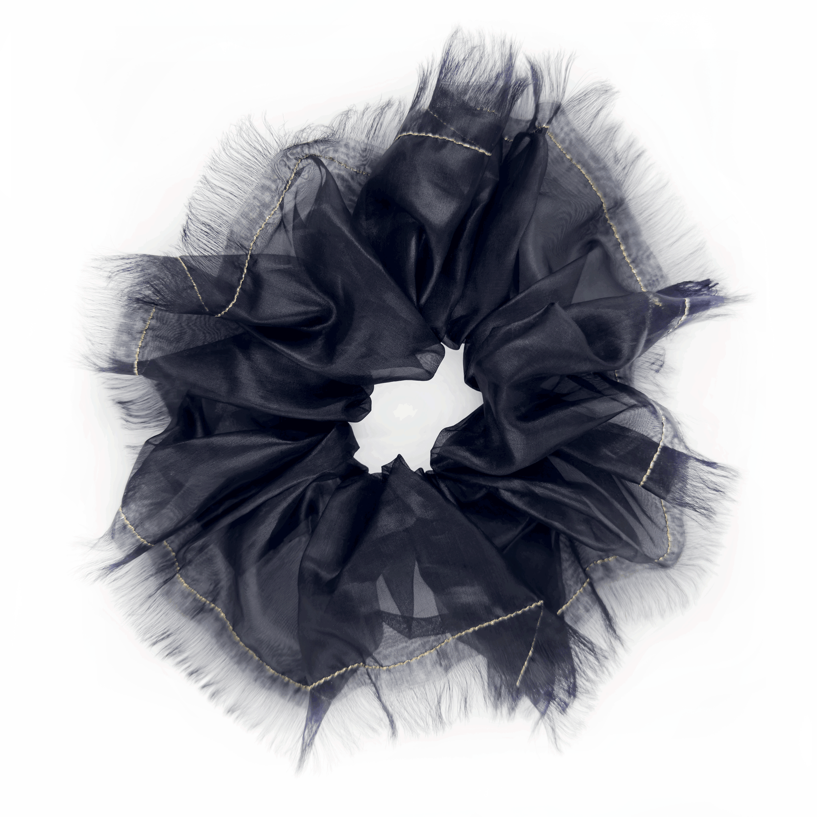 Oversized Black Glossy Silk-Blend Scrunchie with Gold Thread – Handmade Statement Hair Accessory