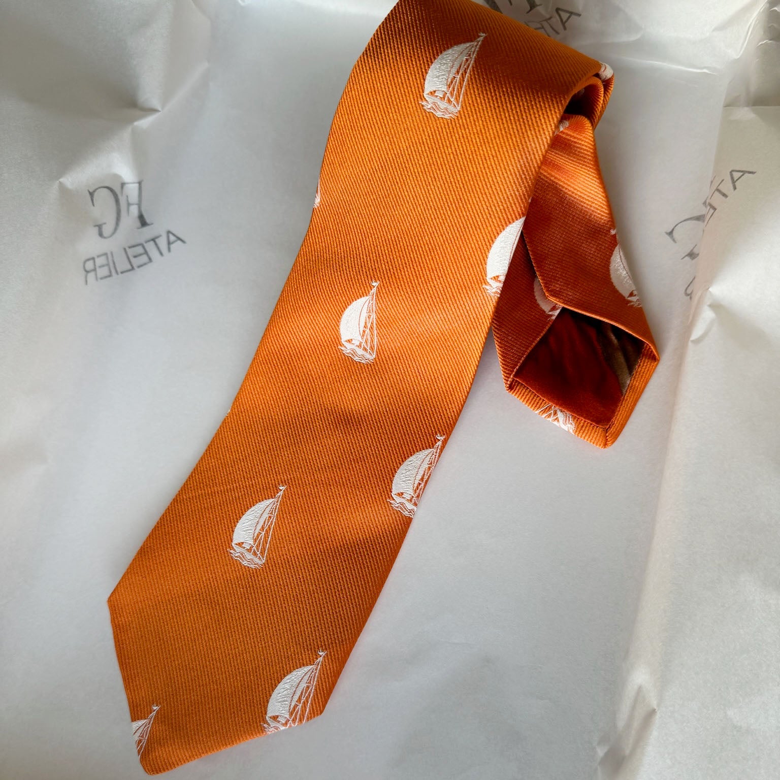 Handmade Orange Italian Silk Tie - Woven Sailboat Nautical Accessory