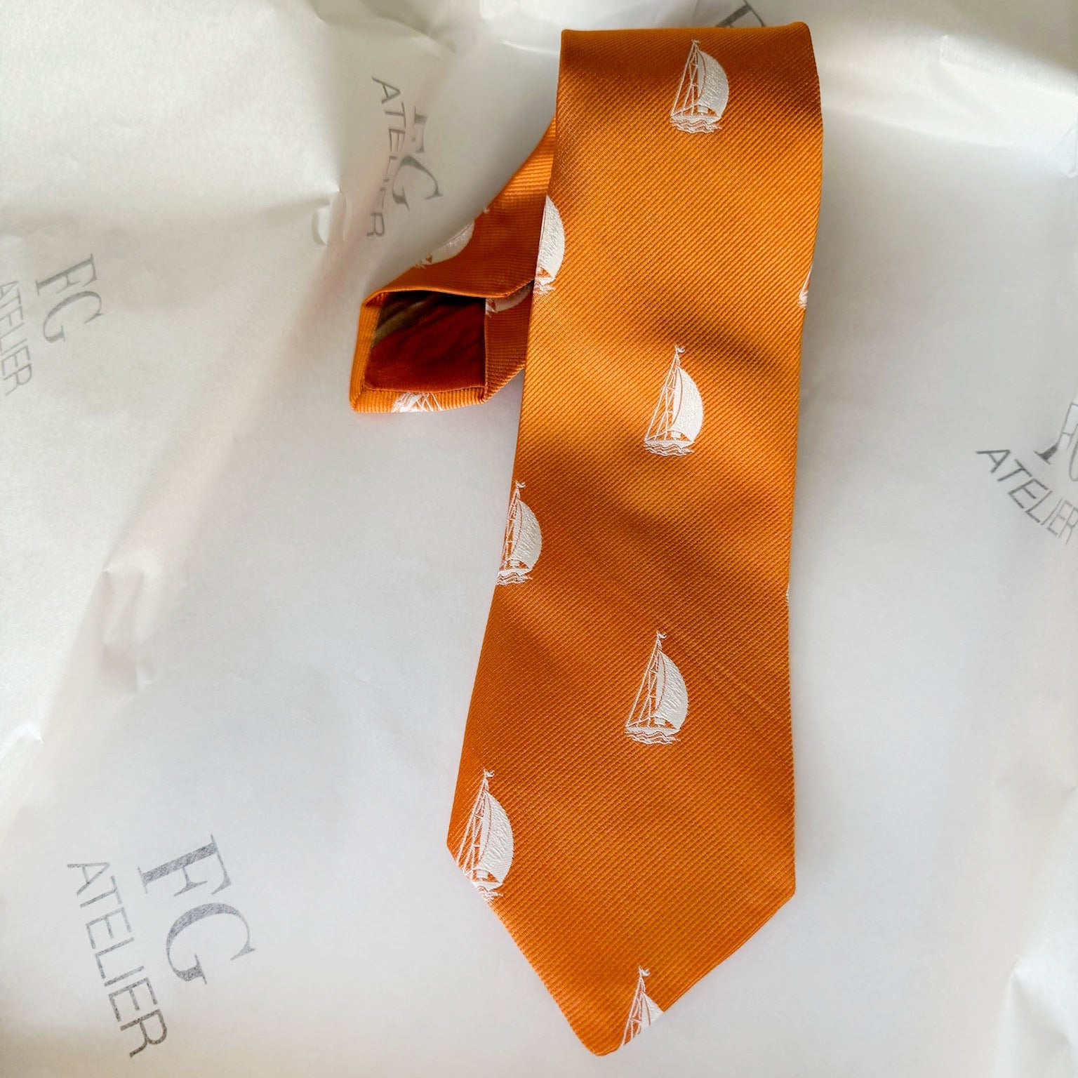 Handmade Orange Italian Silk Tie - Woven Sailboat Nautical Accessory
