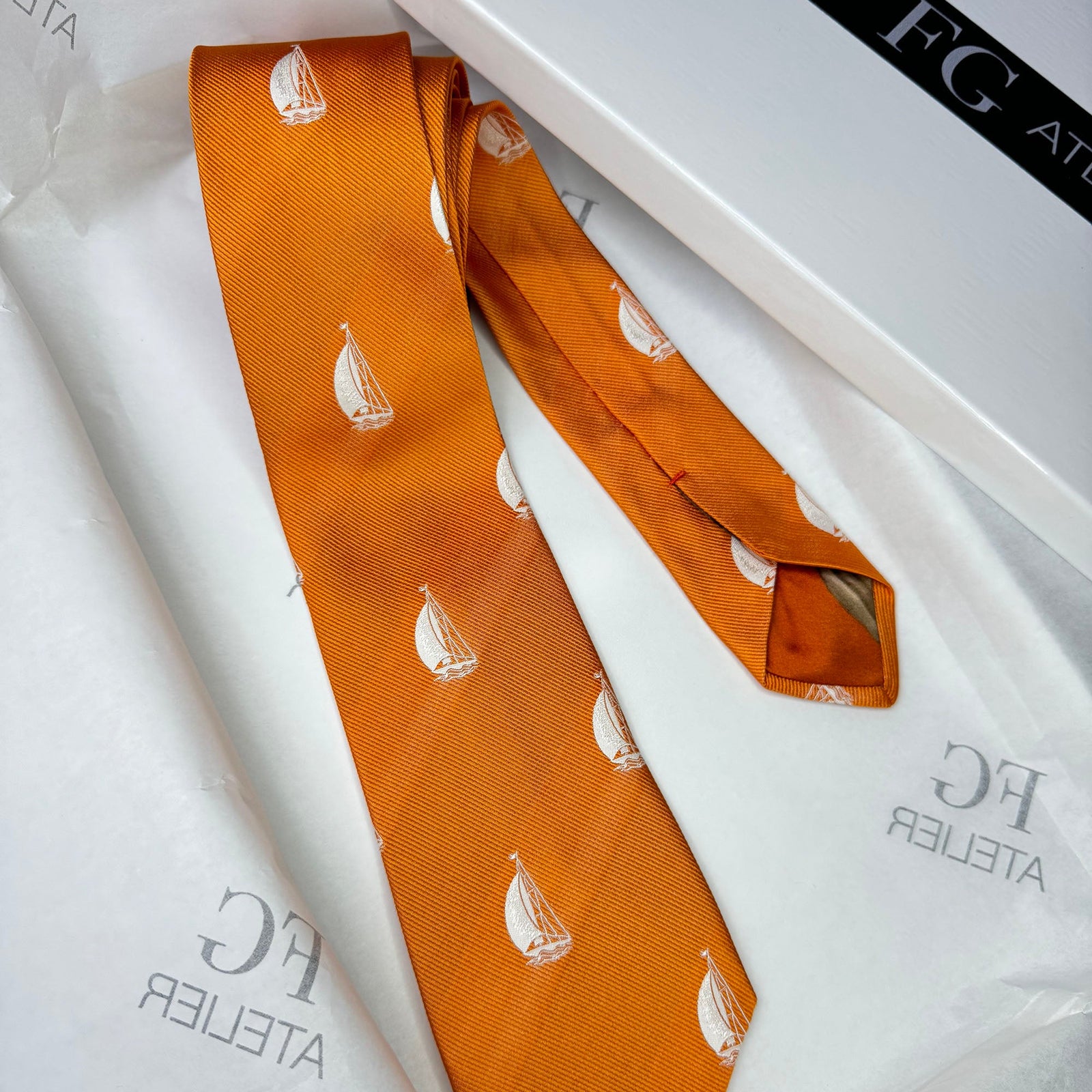 Handmade Orange Italian Silk Tie - Woven Sailboat Nautical Accessory