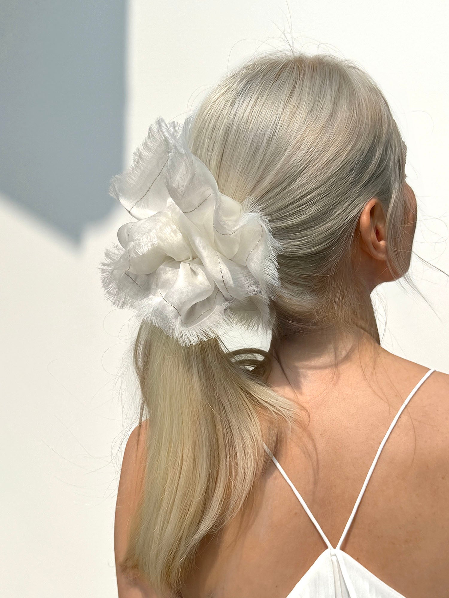 Handmade White 100% Silk Organza Scrunchie with Gold Thread – Elegant Statement Hair Accessory, Perfect Gift for Her