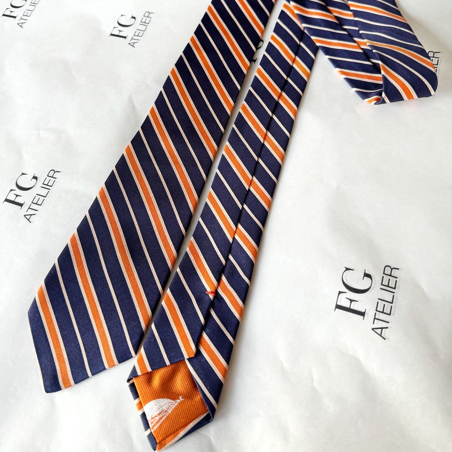 Handmade Italian Silk Tie Orange Navy Stripes