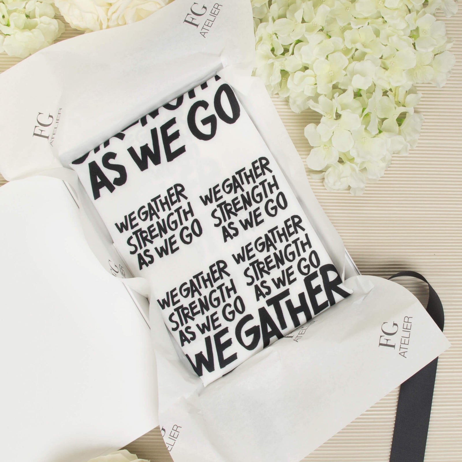 Black and White Calligraphy Print Scarf We Gather Strength as We Go