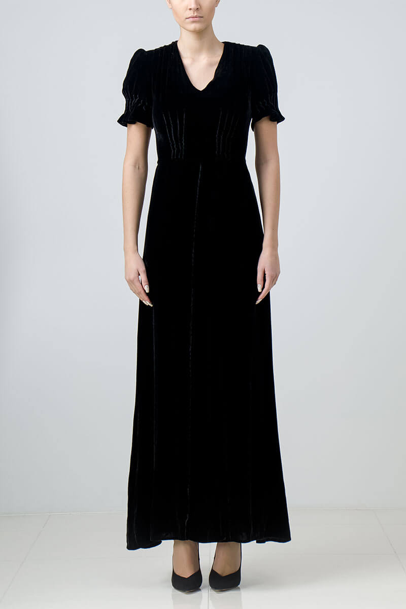 Long black silk velvet evening dress