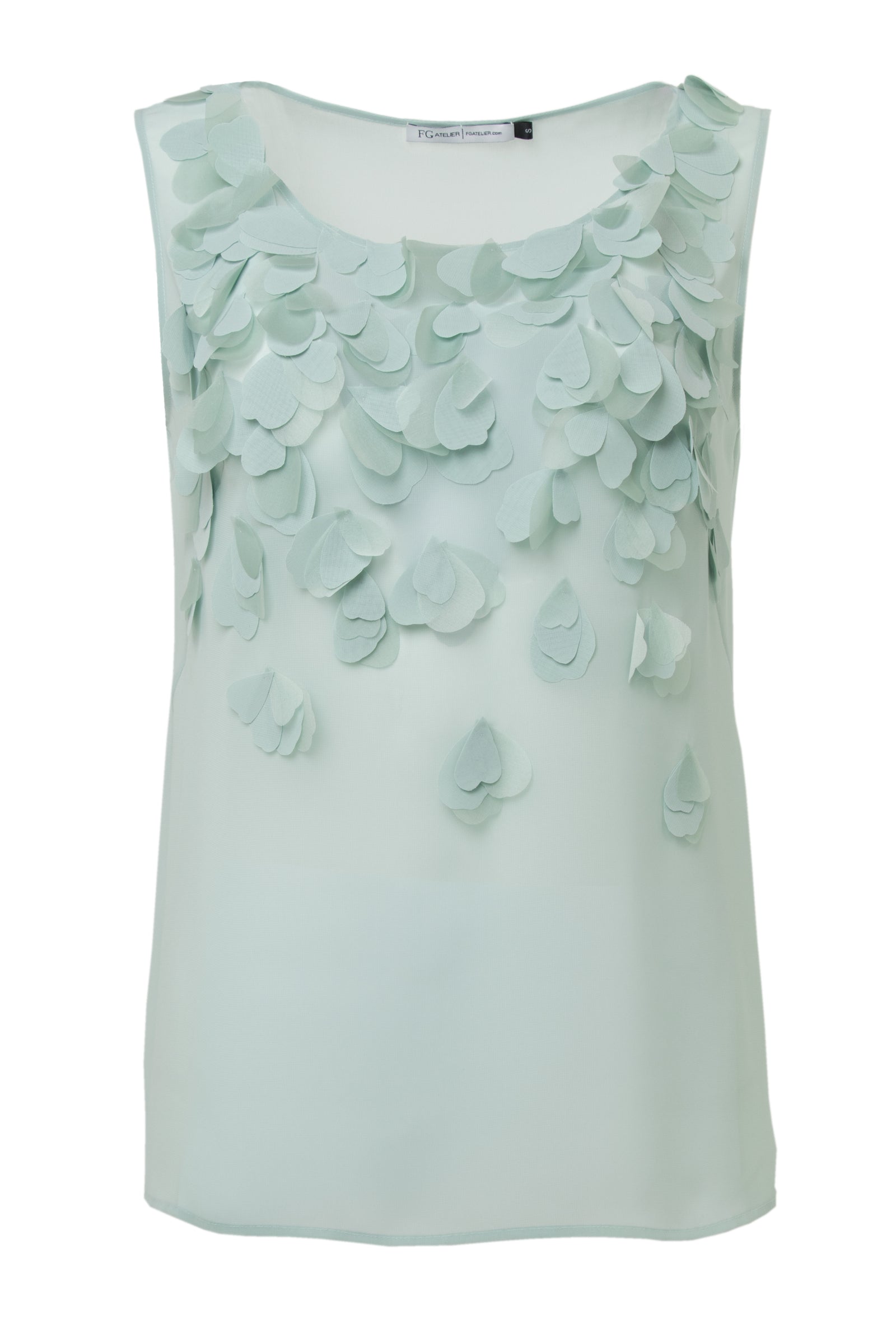Mint silk georgette sleeveless blouse with hand-cut organza petals