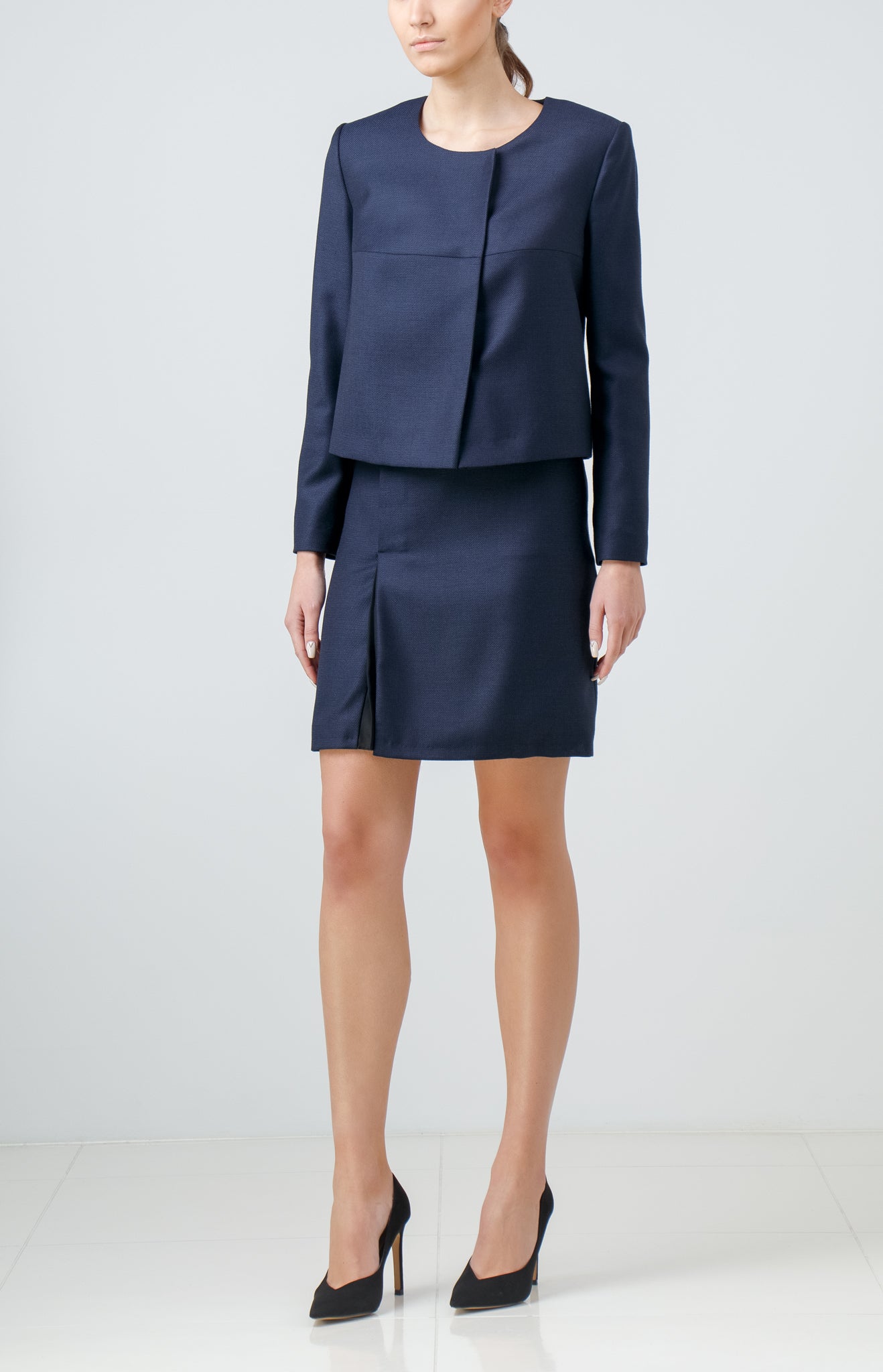 Navy Blue Wool Skirt Suit with Silk Insert