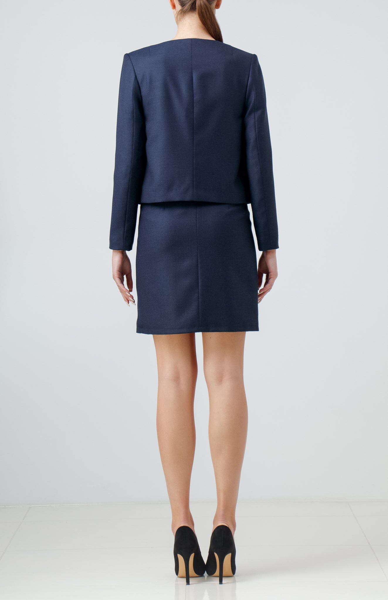 Navy Blue Wool Skirt Suit with Silk Insert