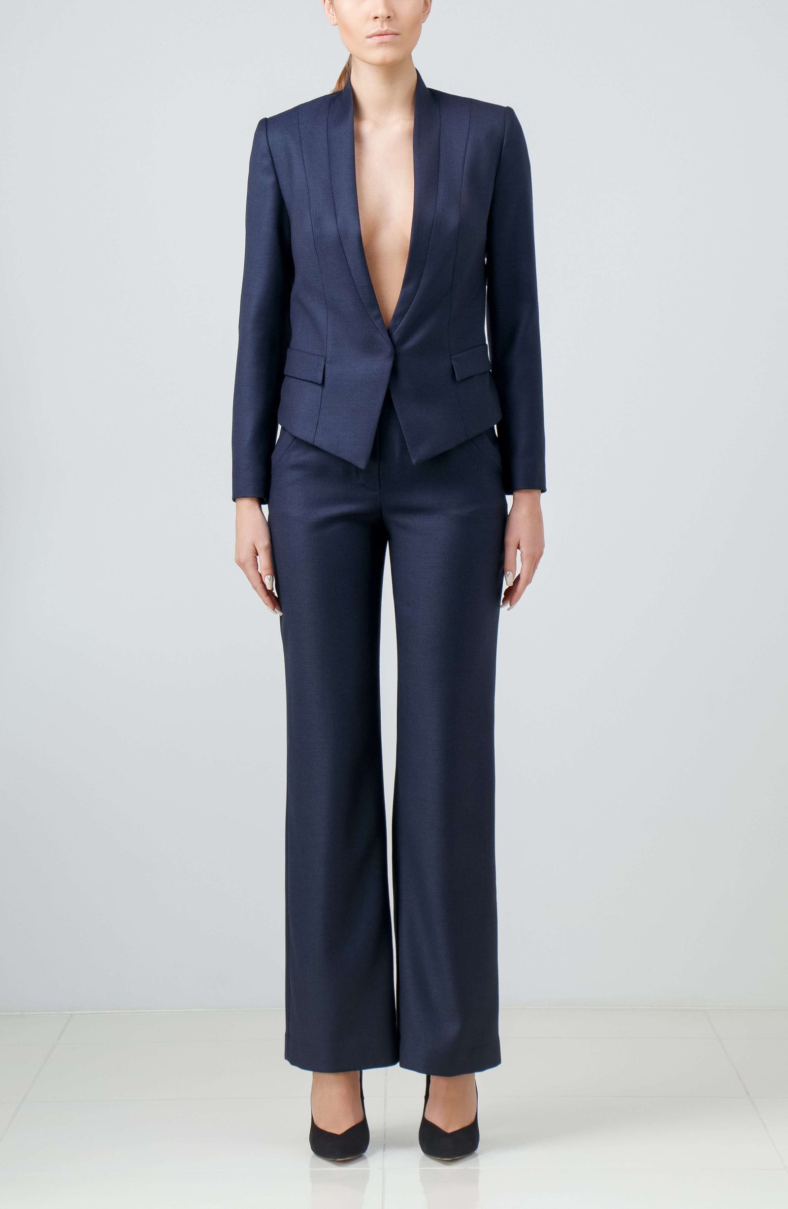 Single-snap Navy Blue Wool Pantsuit