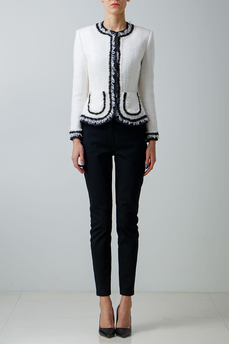 White tweed jacket with contrasting trim
