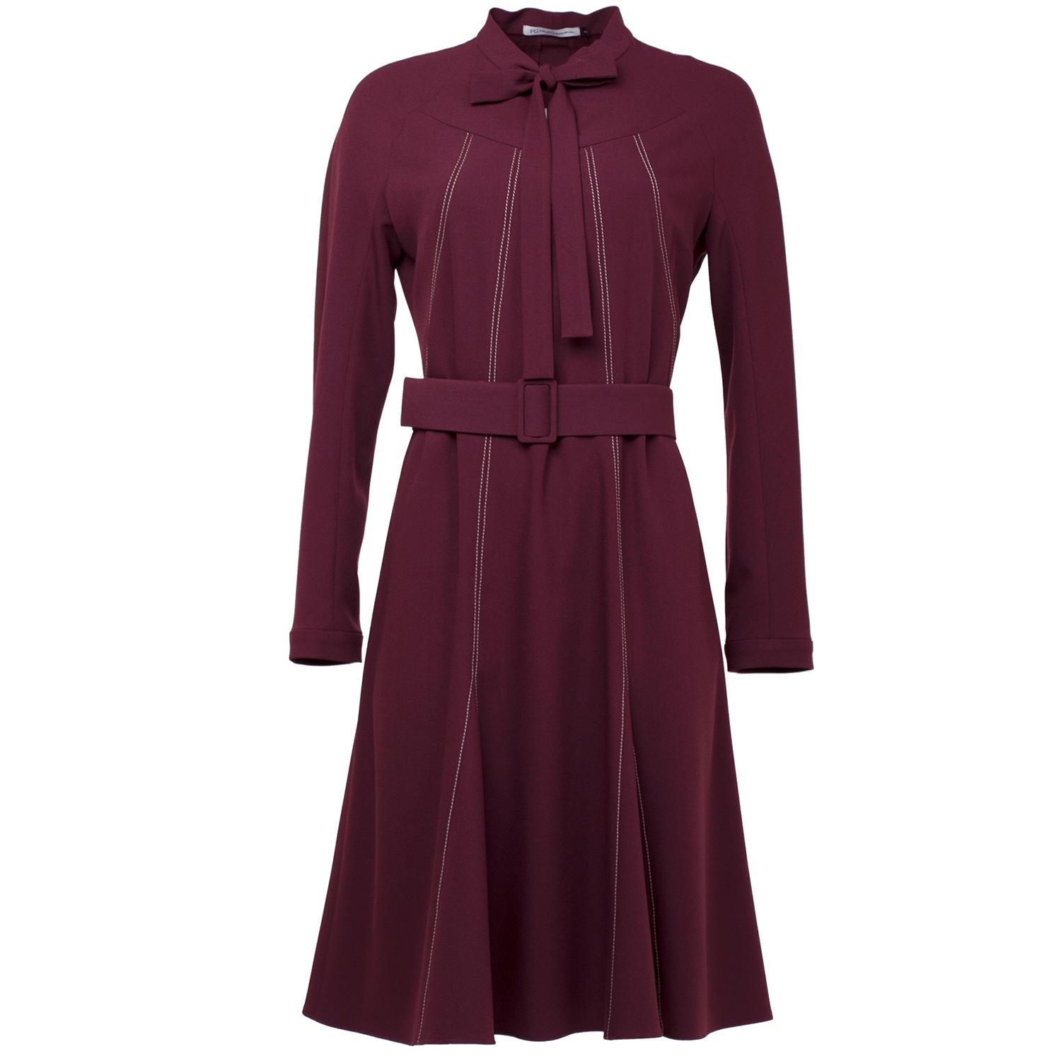 Burgundy Viscose-Blend Crepe Dress with Contrasting Stitch