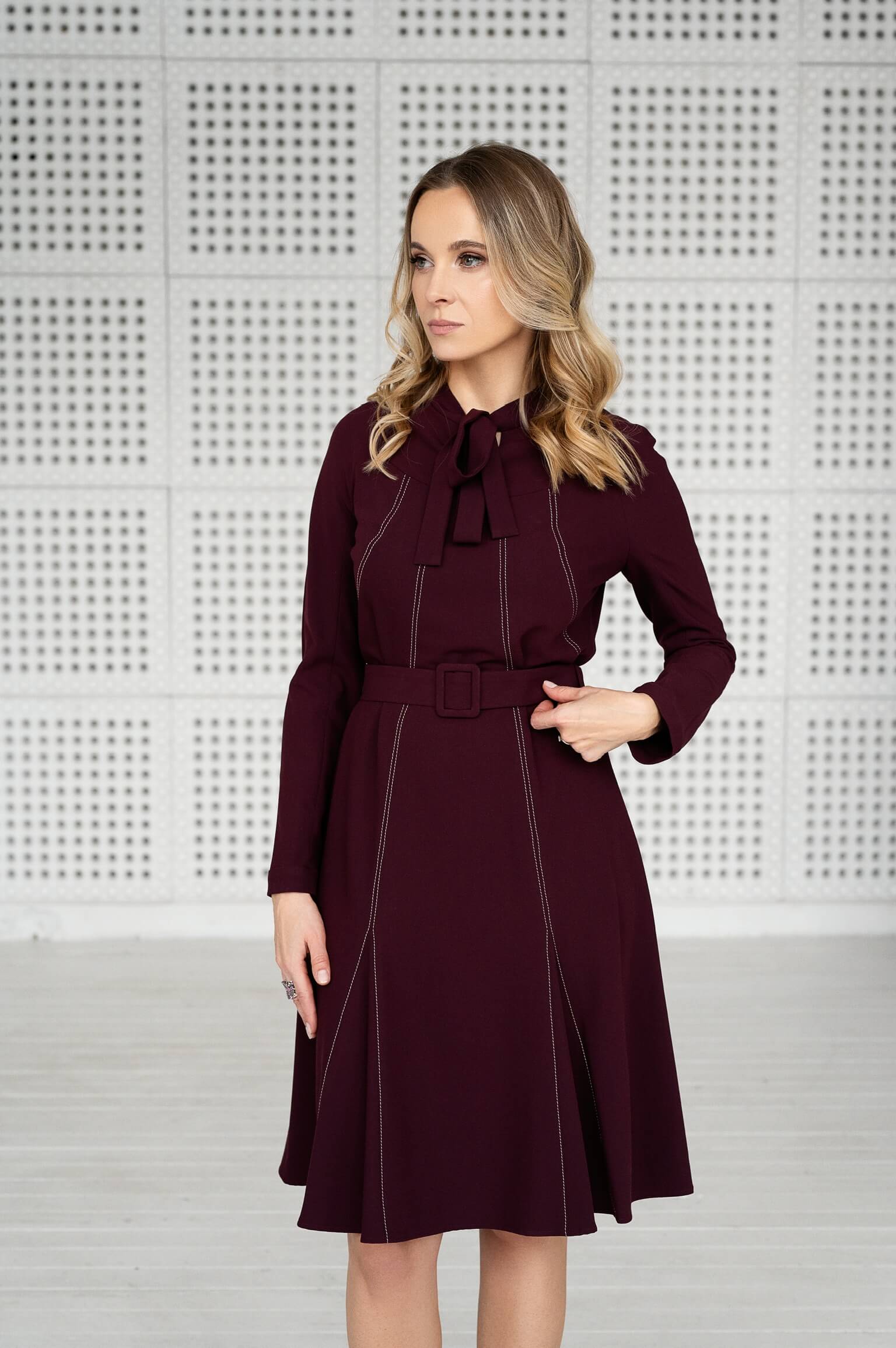 Burgundy Viscose-Blend Crepe Dress with Contrasting Stitch