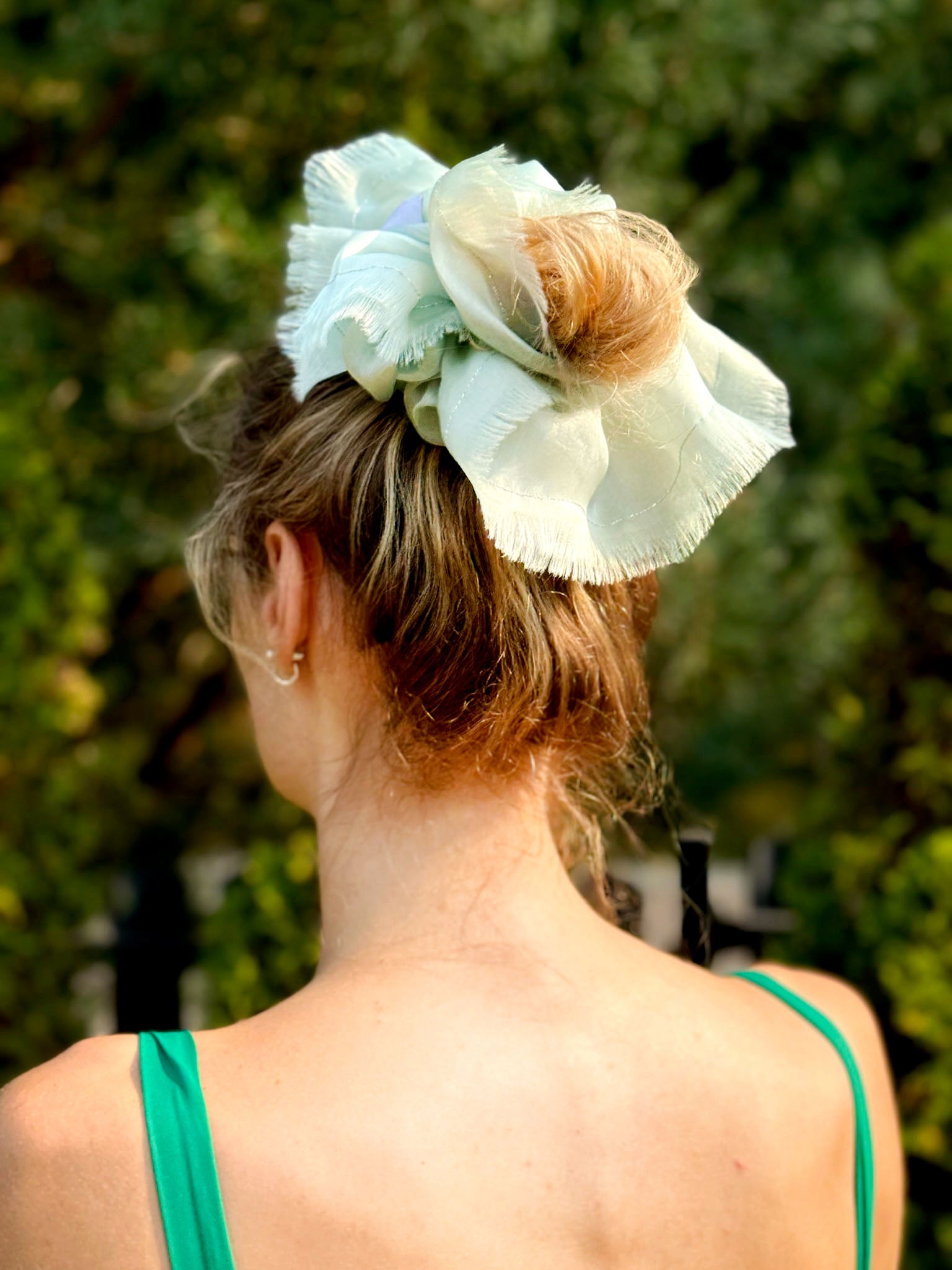 Handmade mint 100% silk organza scrunchie with silver thread