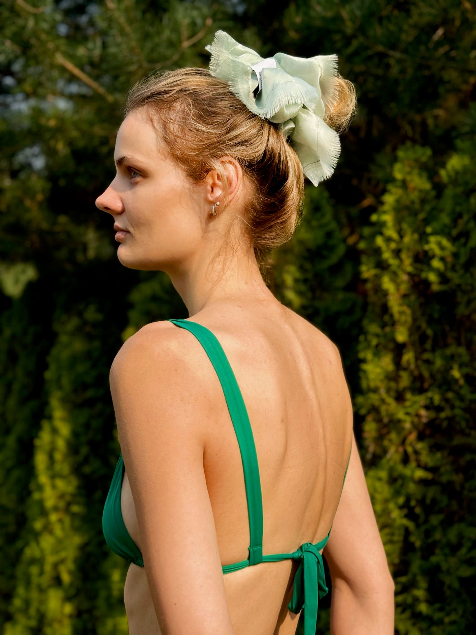 Handmade mint 100% silk organza scrunchie with silver thread