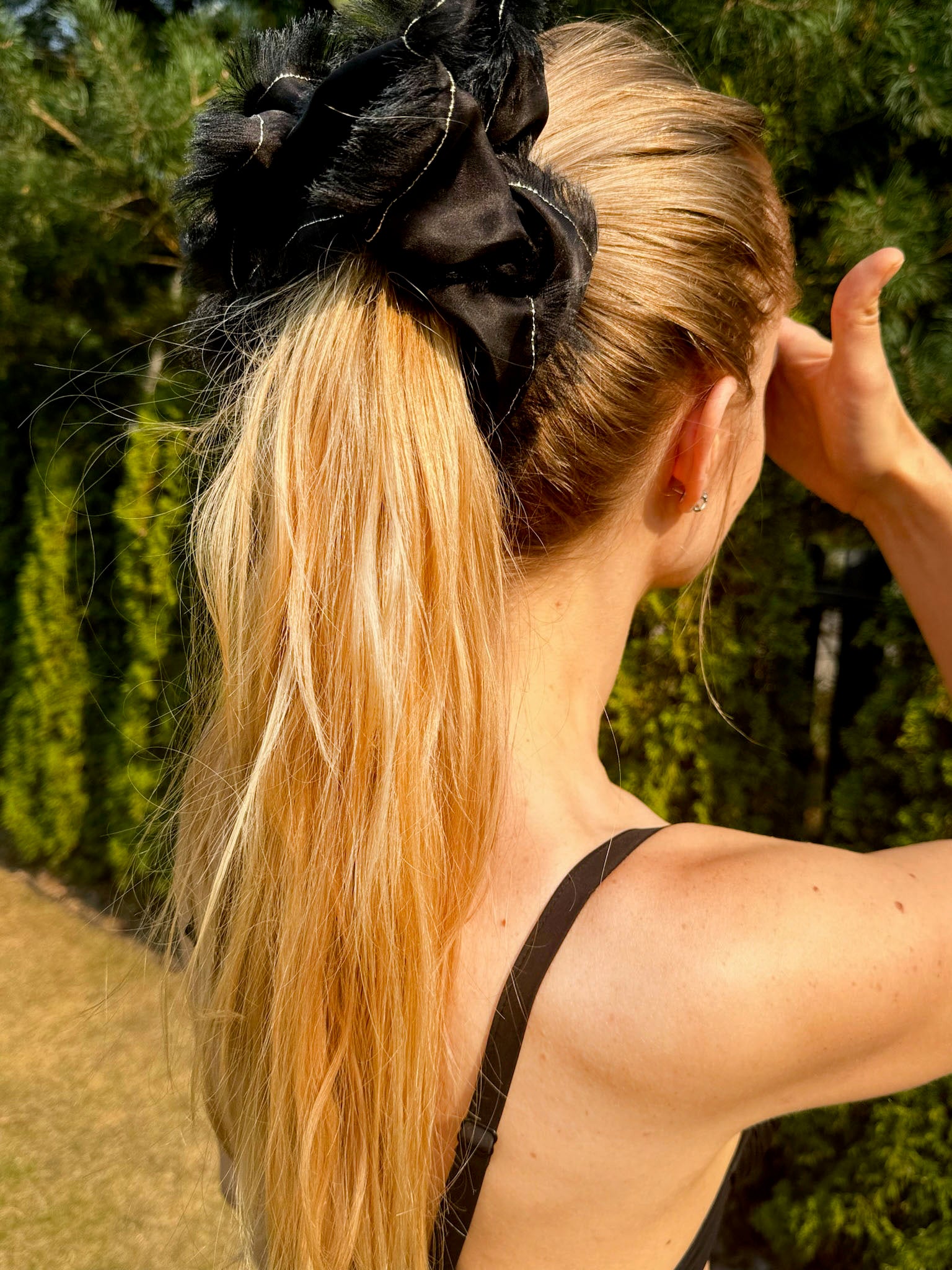 Handmade Black 100% Silk Organza Scrunchie with Gold Thread – Elegant Statement Hair Accessory, Perfect Gift for Her
