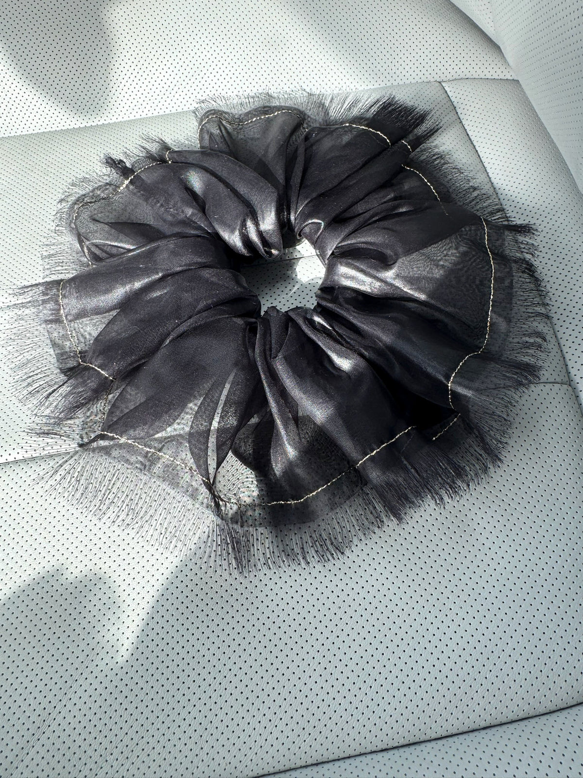 Oversized Black Glossy Silk-Blend Scrunchie with Gold Thread – Handmade Statement Hair Accessory