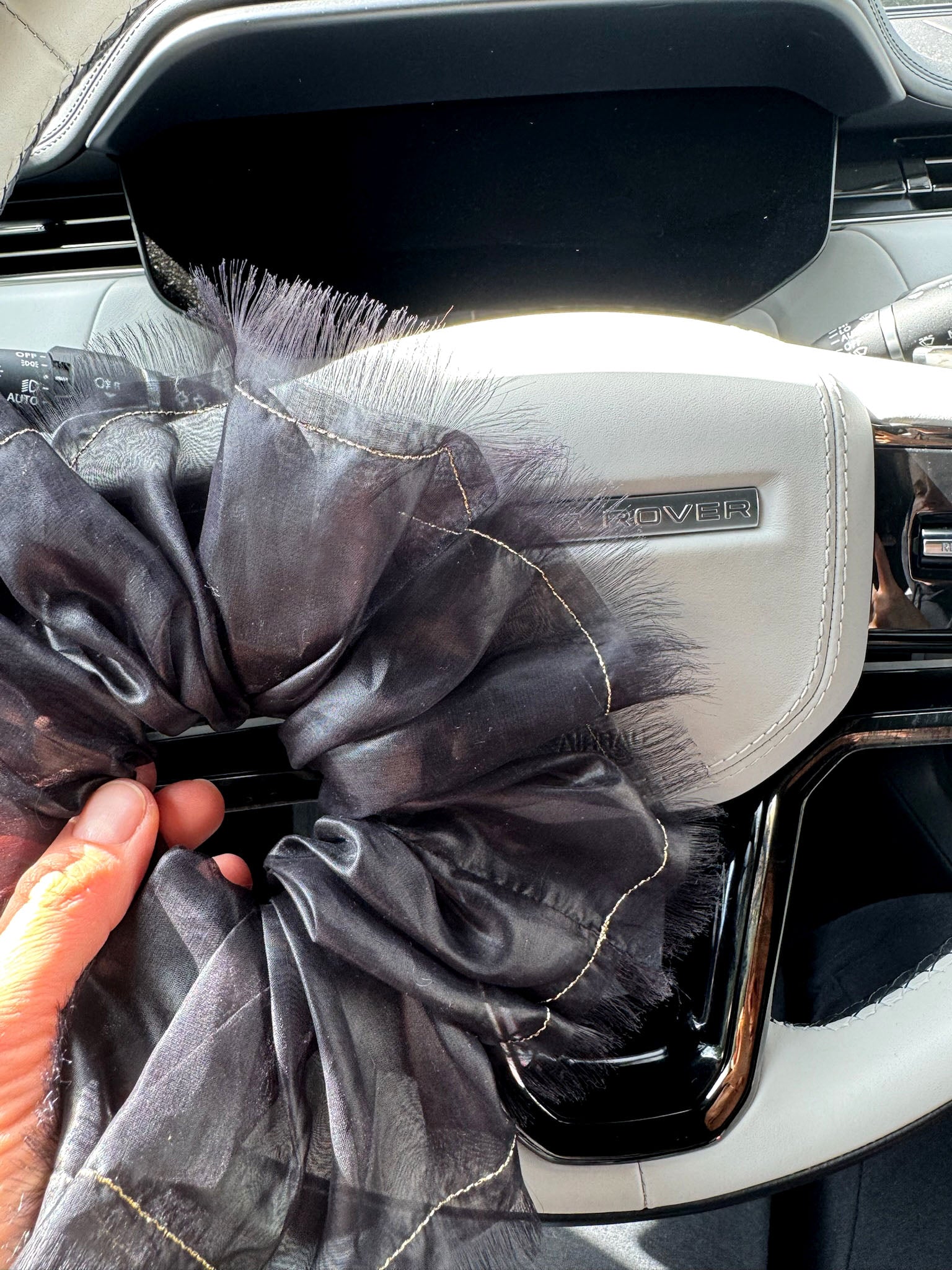 Oversized Black Glossy Silk-Blend Scrunchie with Gold Thread – Handmade Statement Hair Accessory