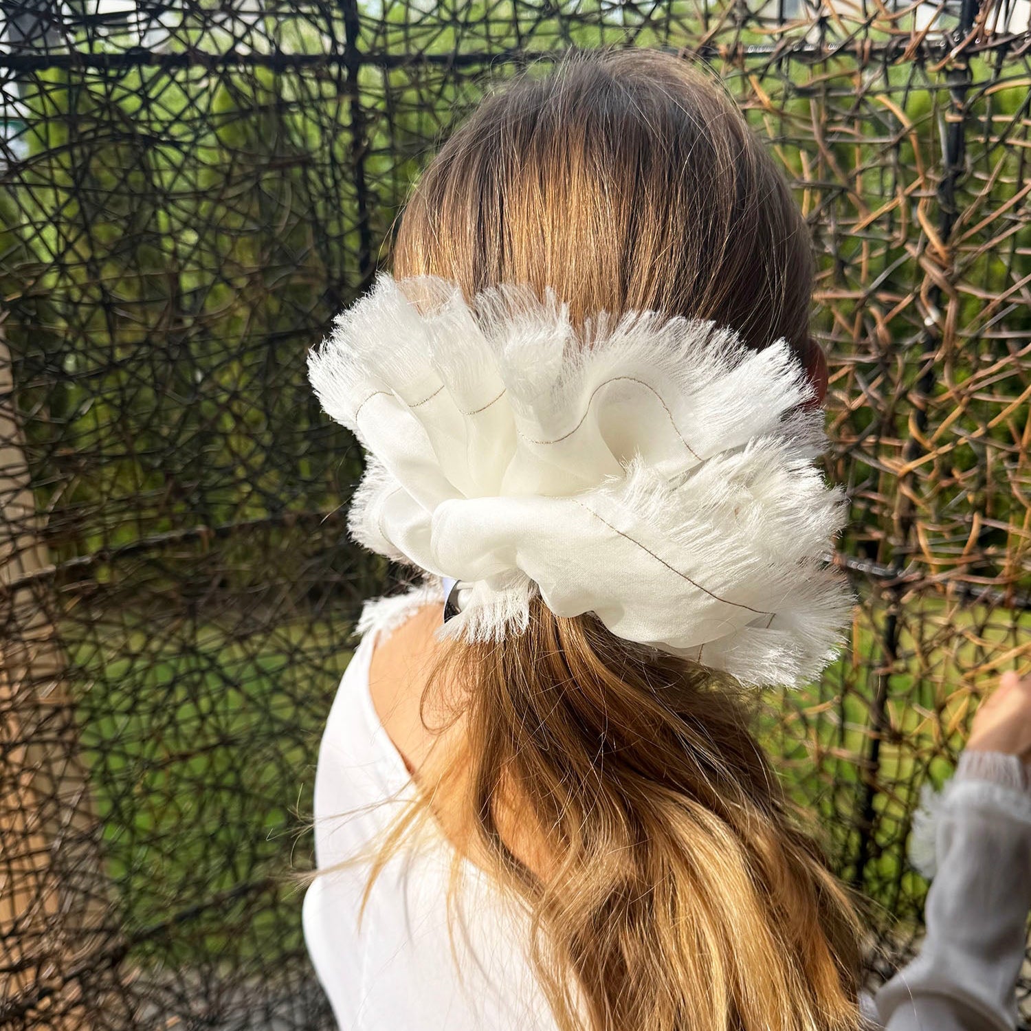 Handmade White 100% Silk Organza Scrunchie with Gold Thread – Elegant Statement Hair Accessory, Perfect Gift for Her