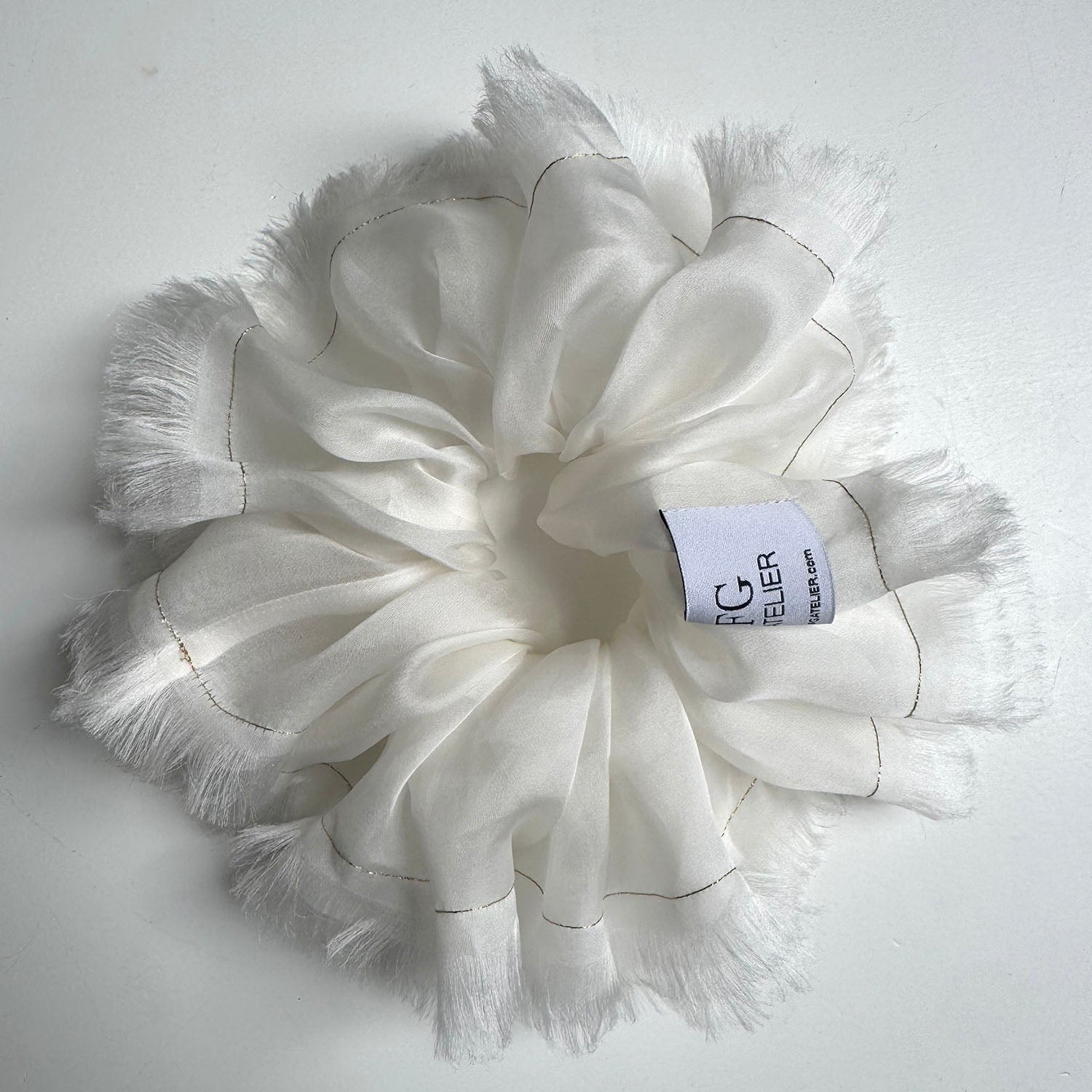 Handmade White 100% Silk Organza Scrunchie with Gold Thread – Elegant Statement Hair Accessory, Perfect Gift for Her