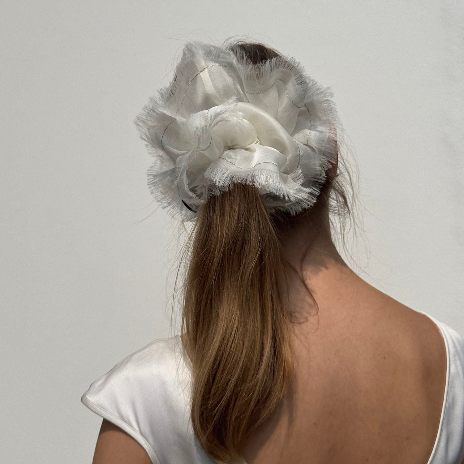 Handmade White 100% Silk Organza Scrunchie with Gold Thread – Elegant Statement Hair Accessory, Perfect Gift for Her