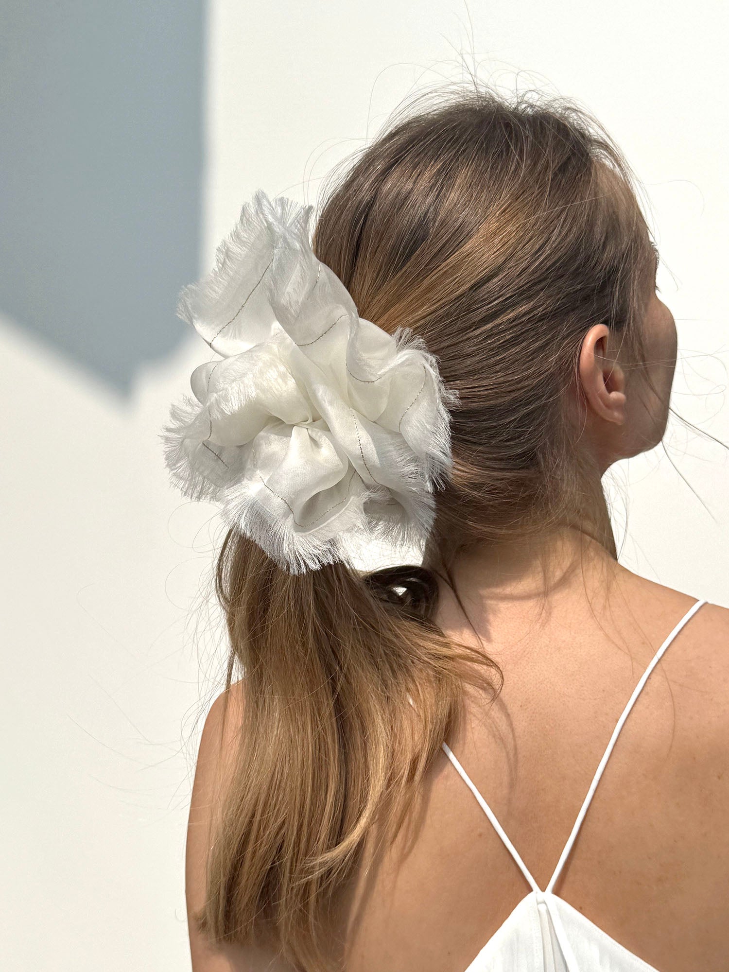 Handmade White 100% Silk Organza Scrunchie with Gold Thread – Elegant Statement Hair Accessory, Perfect Gift for Her