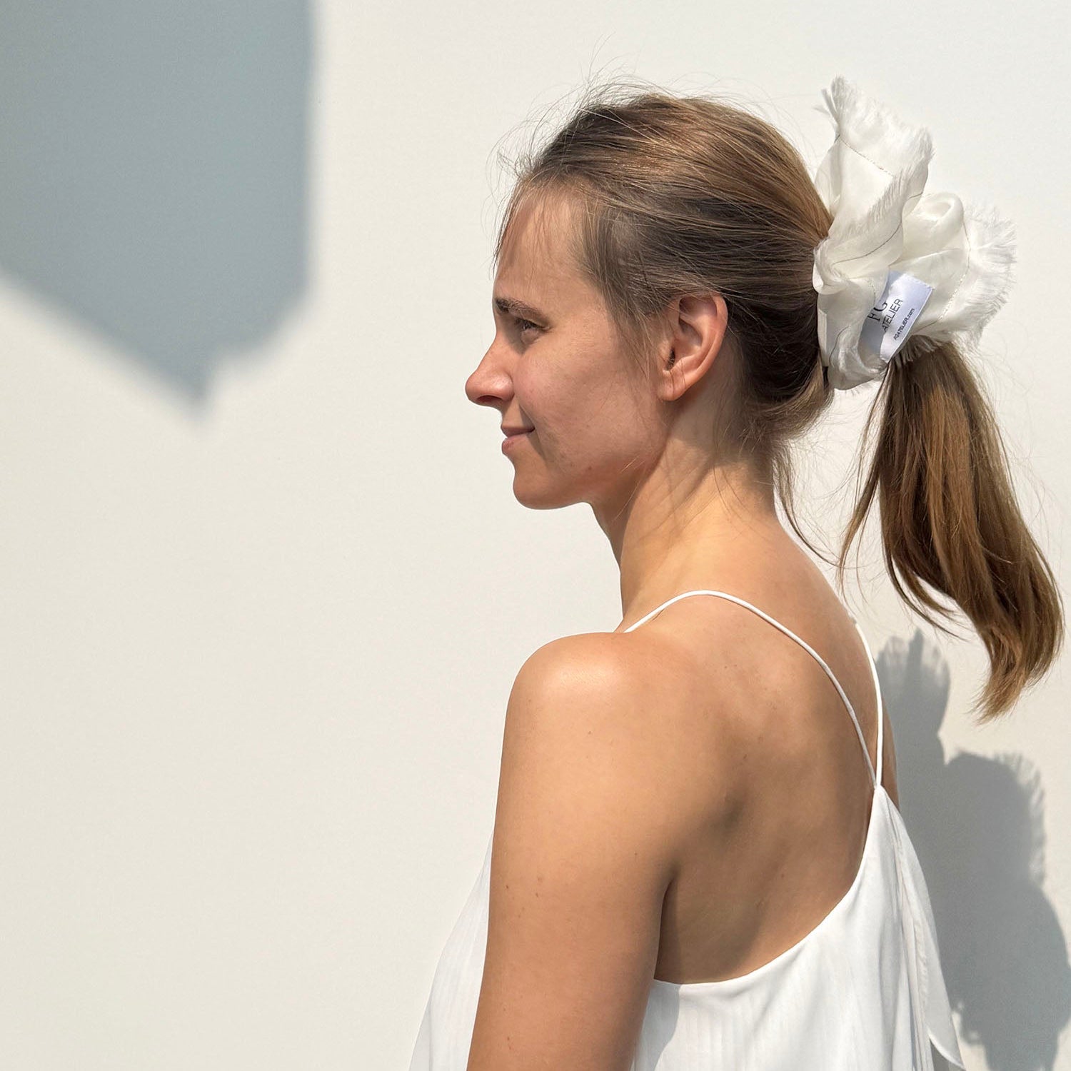 Handmade White 100% Silk Organza Scrunchie with Gold Thread – Elegant Statement Hair Accessory, Perfect Gift for Her