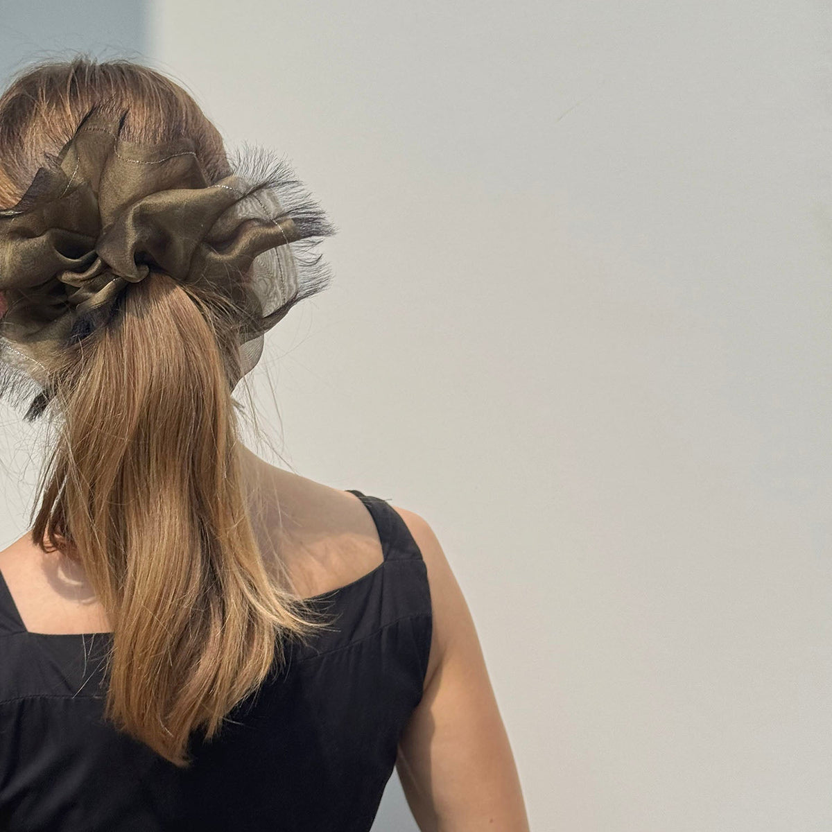 Handmade Champagne Beige 100% Silk Organza Scrunchie with Gold Thread – Elegant Statement Hair Accessory