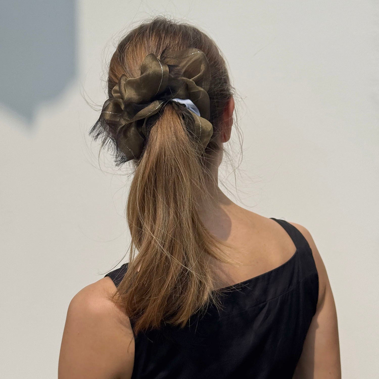 Handmade Champagne Beige 100% Silk Organza Scrunchie with Gold Thread – Elegant Statement Hair Accessory