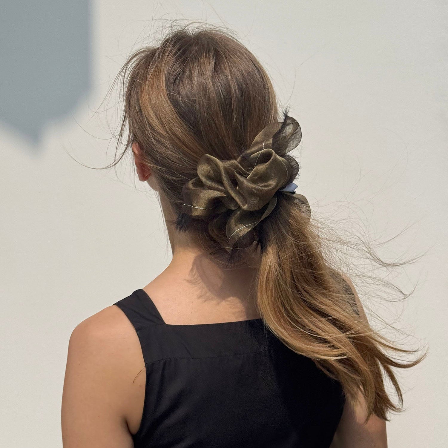 Handmade Champagne Beige 100% Silk Organza Scrunchie with Gold Thread – Elegant Statement Hair Accessory